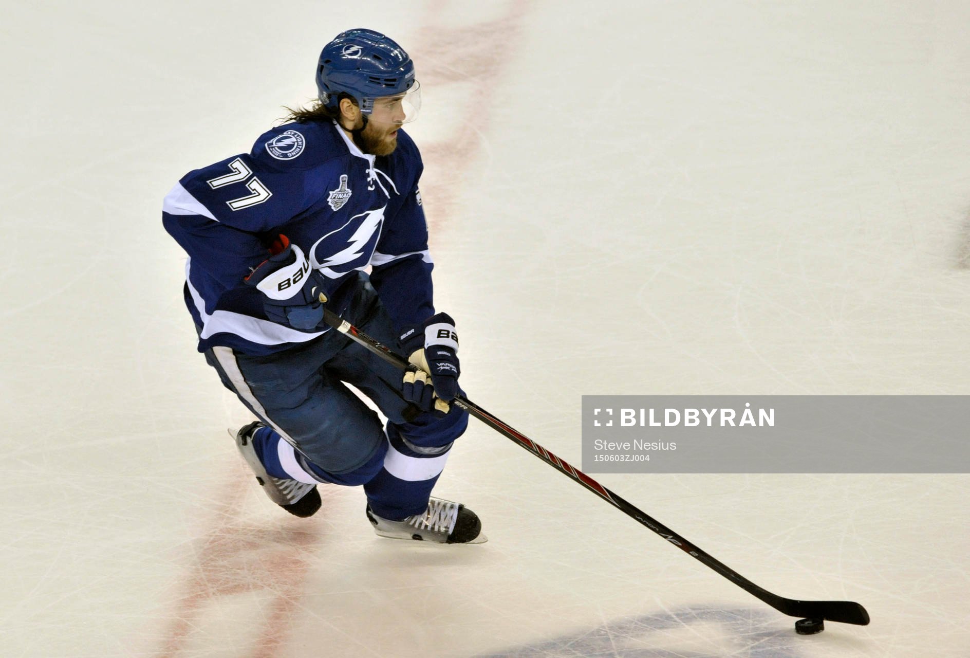 The Lightning's Victor Hedman moves the puck through the