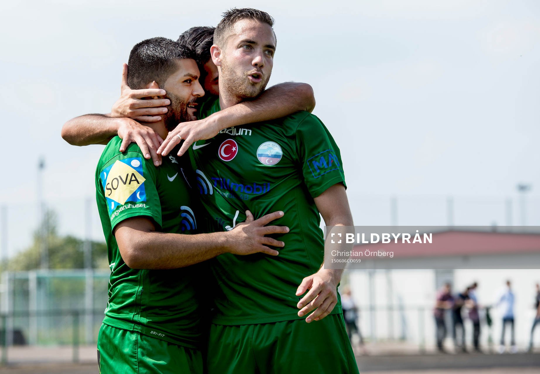 Prespa Birliks Bovar Karim, Kristian Legiec och Firat Sahan jublar efter 0-3 under fotbollsmatchen i Division 2 Södra Götaland mellan FC Rosengård och Prespa Birlik den 6 juni 2015 i Malmö.