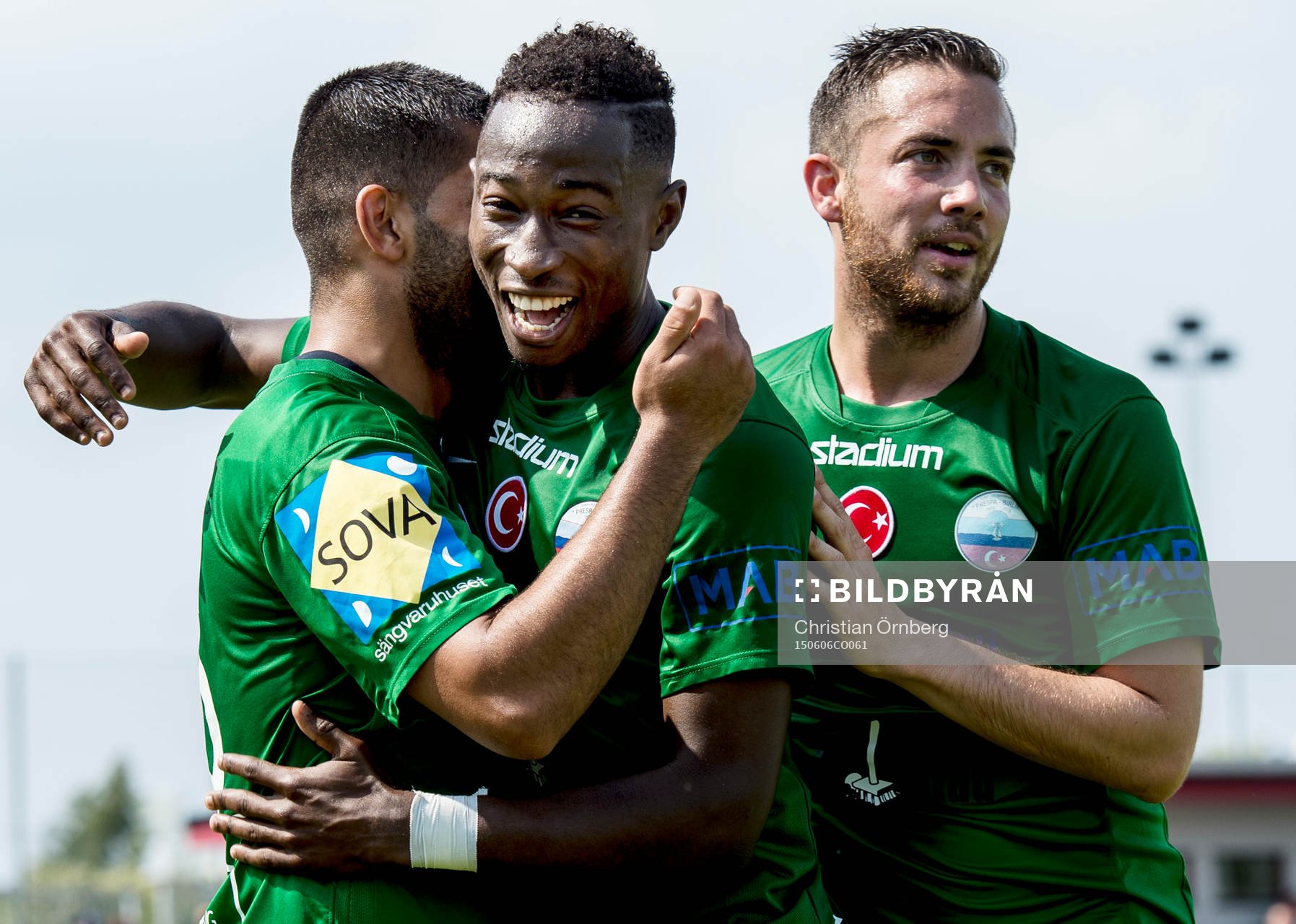 Prespa Birliks Bovar Karim, Kristian Legiec och Sadat Karim jublar efter 0-3 under fotbollsmatchen i Division 2 Södra Götaland mellan FC Rosengård och Prespa Birlik den 6 juni 2015 i Malmö.