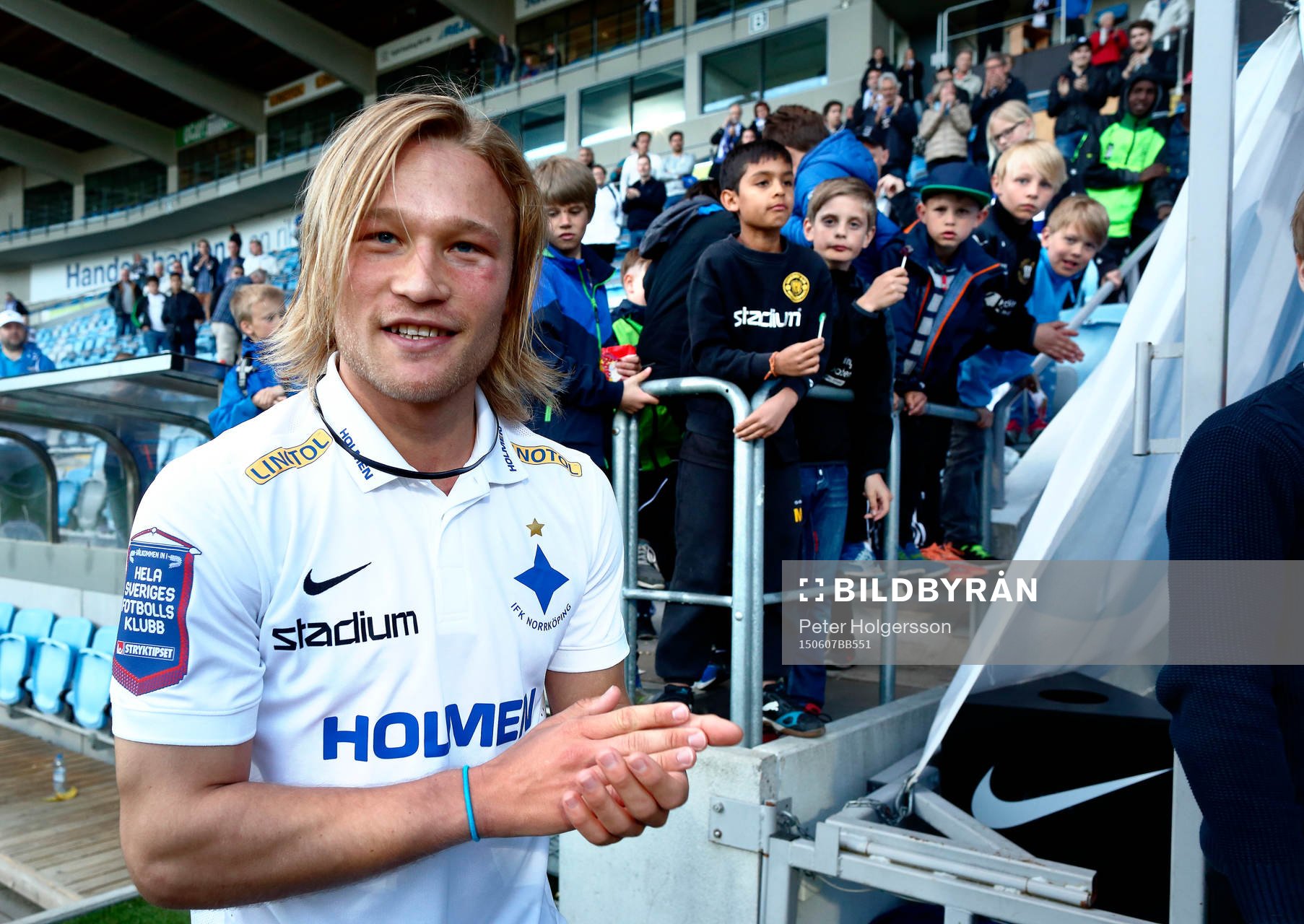 Norrköpings Nicklas Bärkroth har just gett bort sina skor i matchen mellan Norrköping och Falkenberg i Allsvenskan i fotboll den 07 juni 2015 i Norrköping.