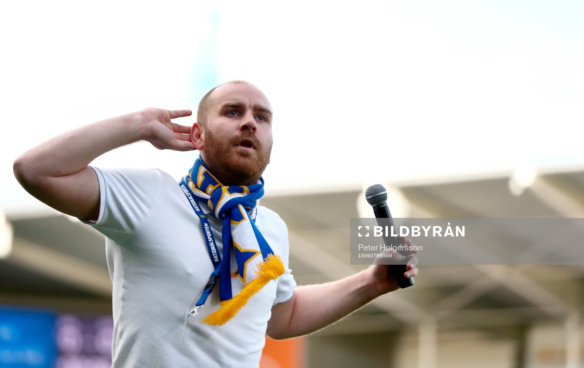 Norrköpings supporters klackledare i matchen mellan Norrköping och Falkenberg i Allsvenskan i fotboll den 07 juni 2015 i Norrköping.