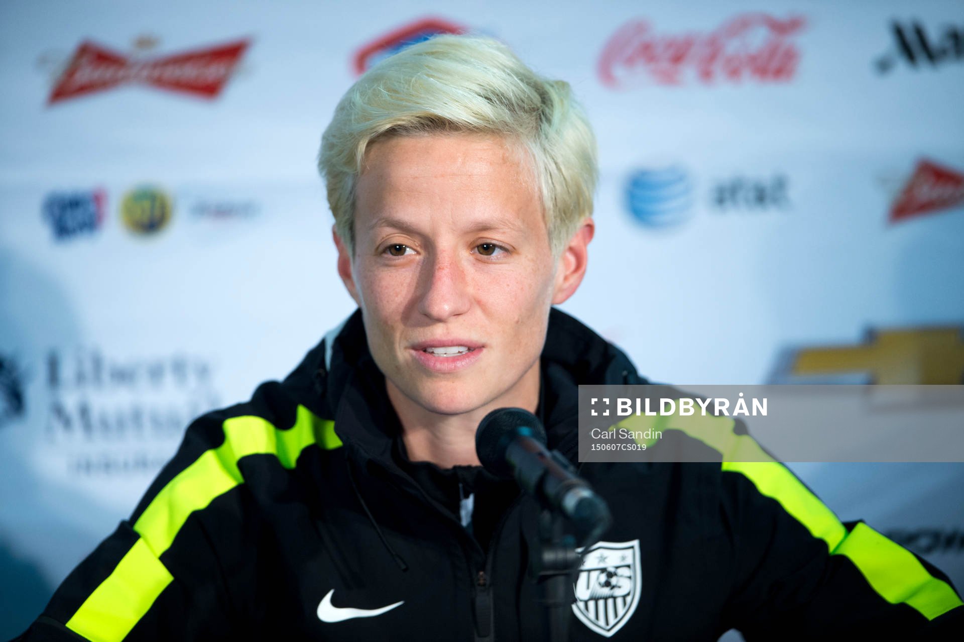 USA:s Megan Rapinoe på en presskonferens innan en träning den 7 juni 2015 i Winnipeg.