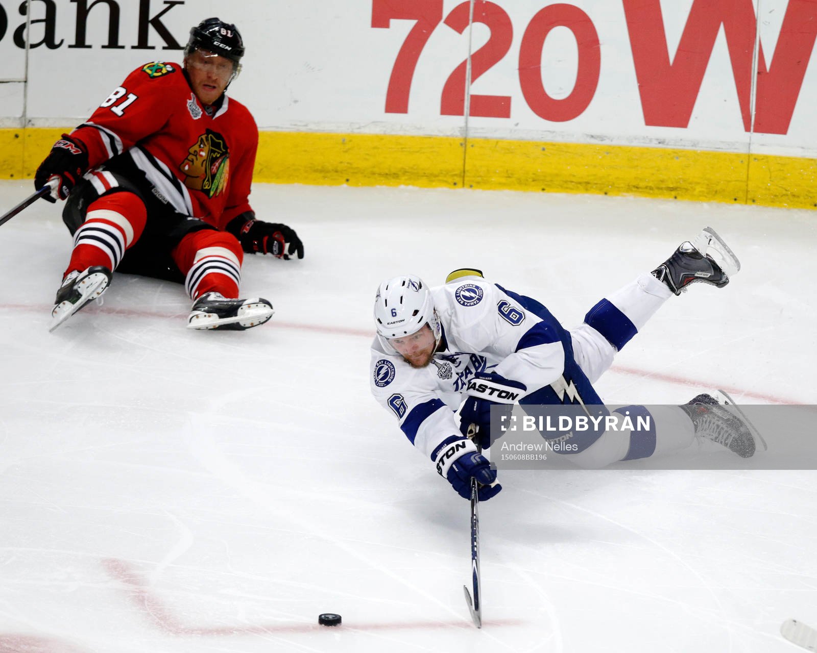 Tampa Bay Lightning defenseman Anton Strålman (6) falls to