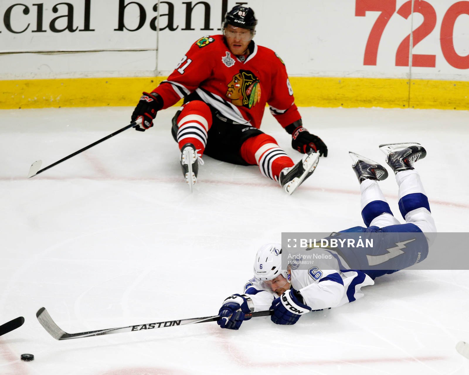 Tampa Bay Lightning defenseman Anton Strålman (6) falls to