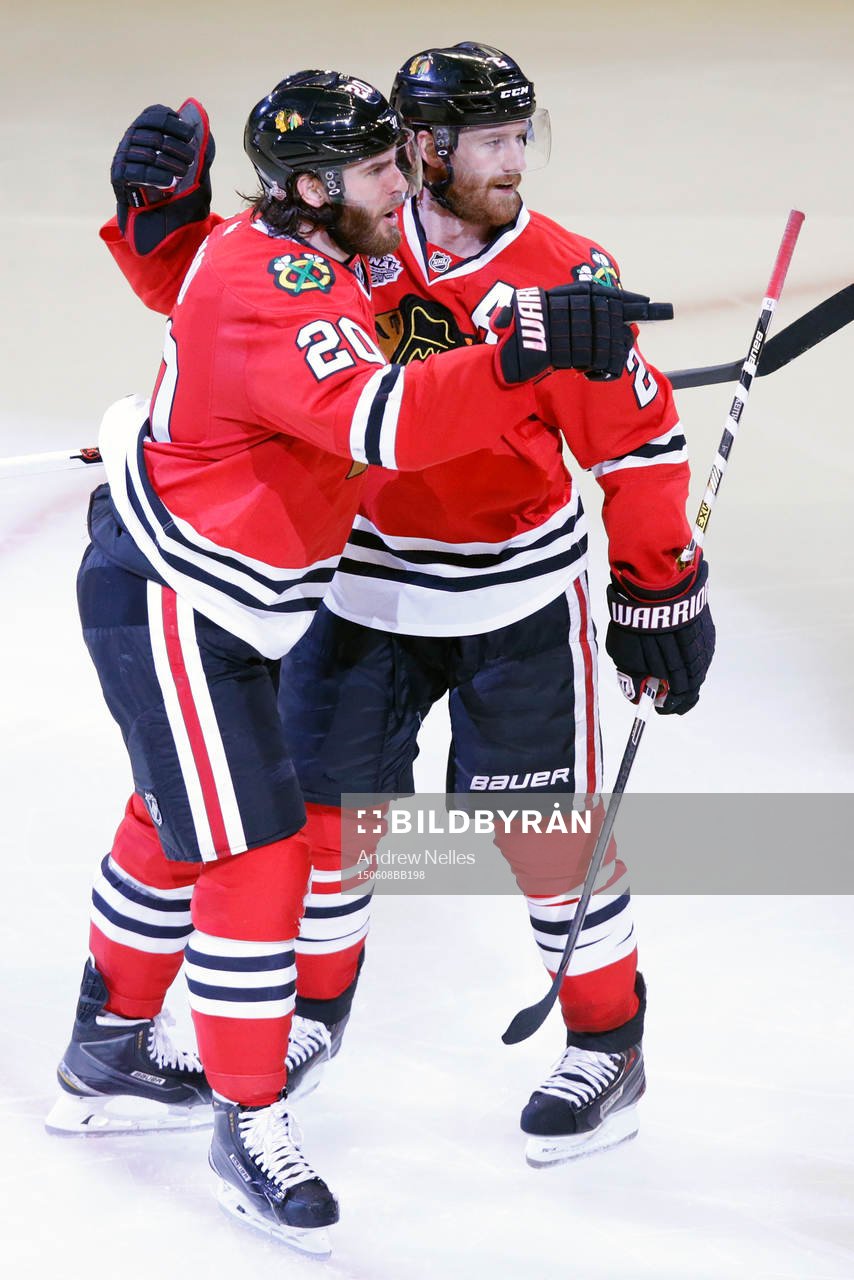 After scoring a goal Chicago Blackhawks left wing Brandon