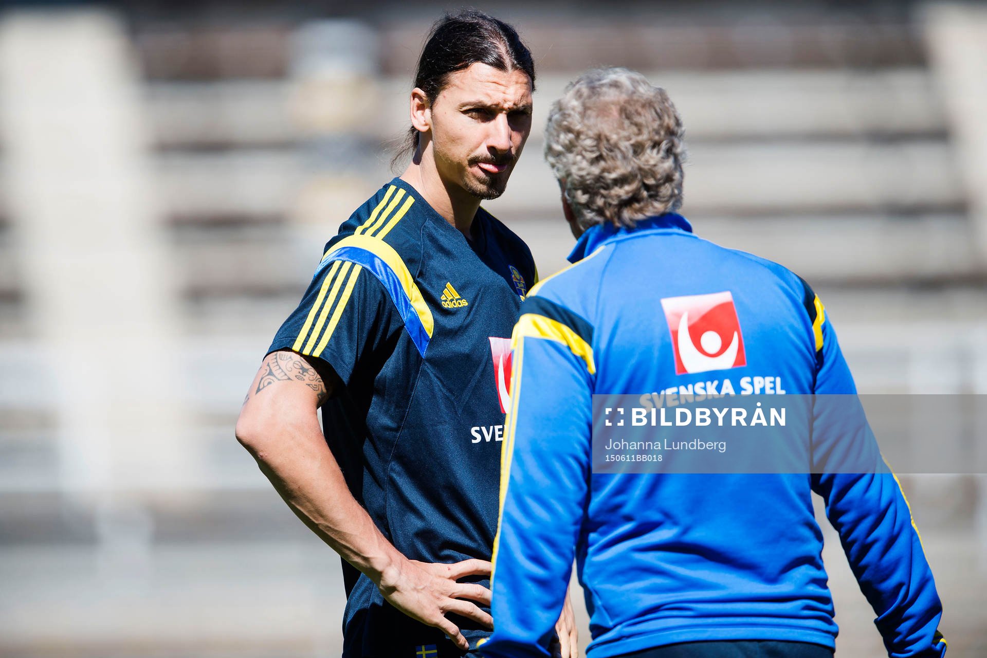 Sveriges Zlatan Ibrahimovic pratar med förbundskapten Erik