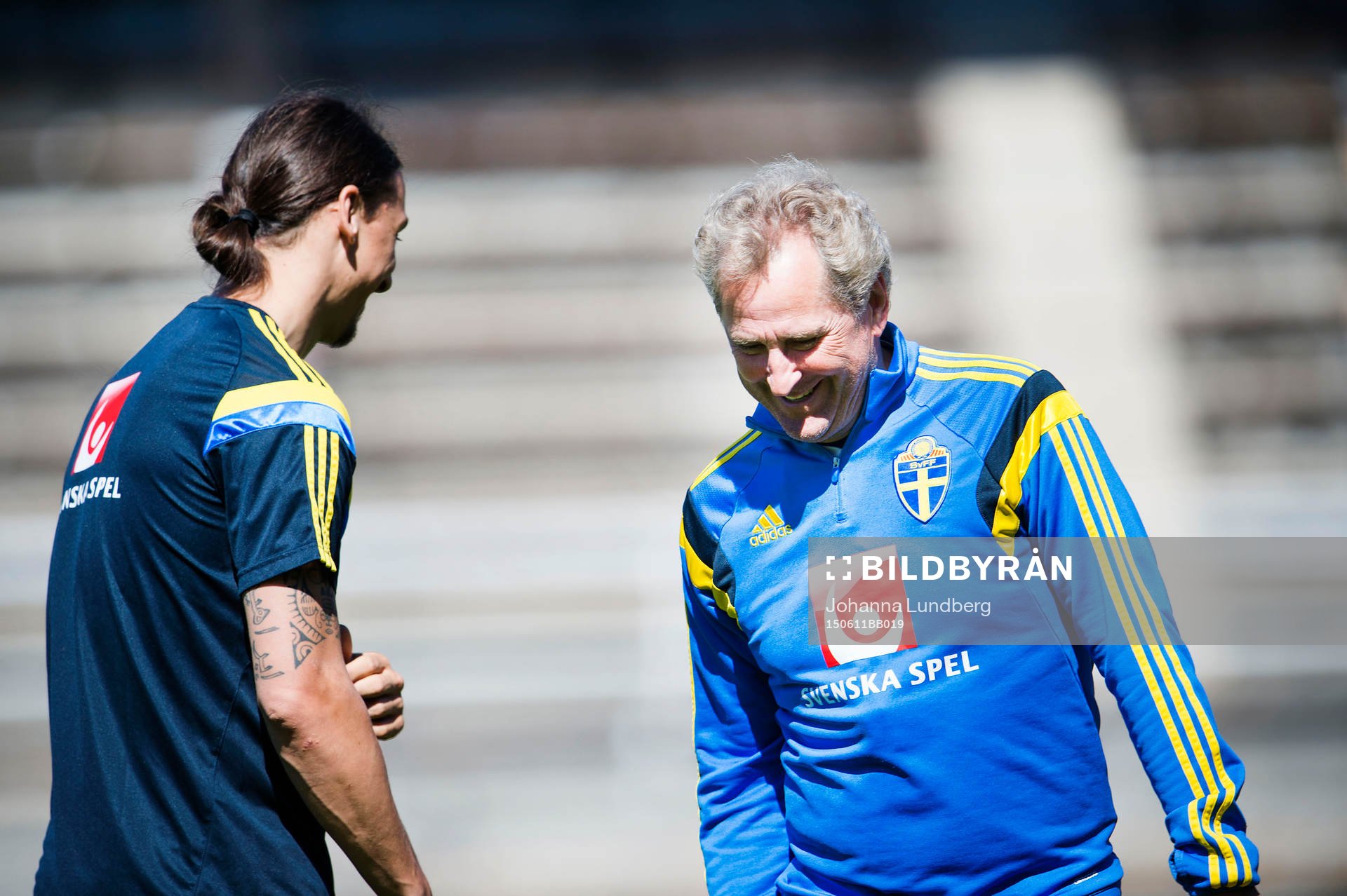 Sveriges Zlatan Ibrahimovic pratar med förbundskapten Erik