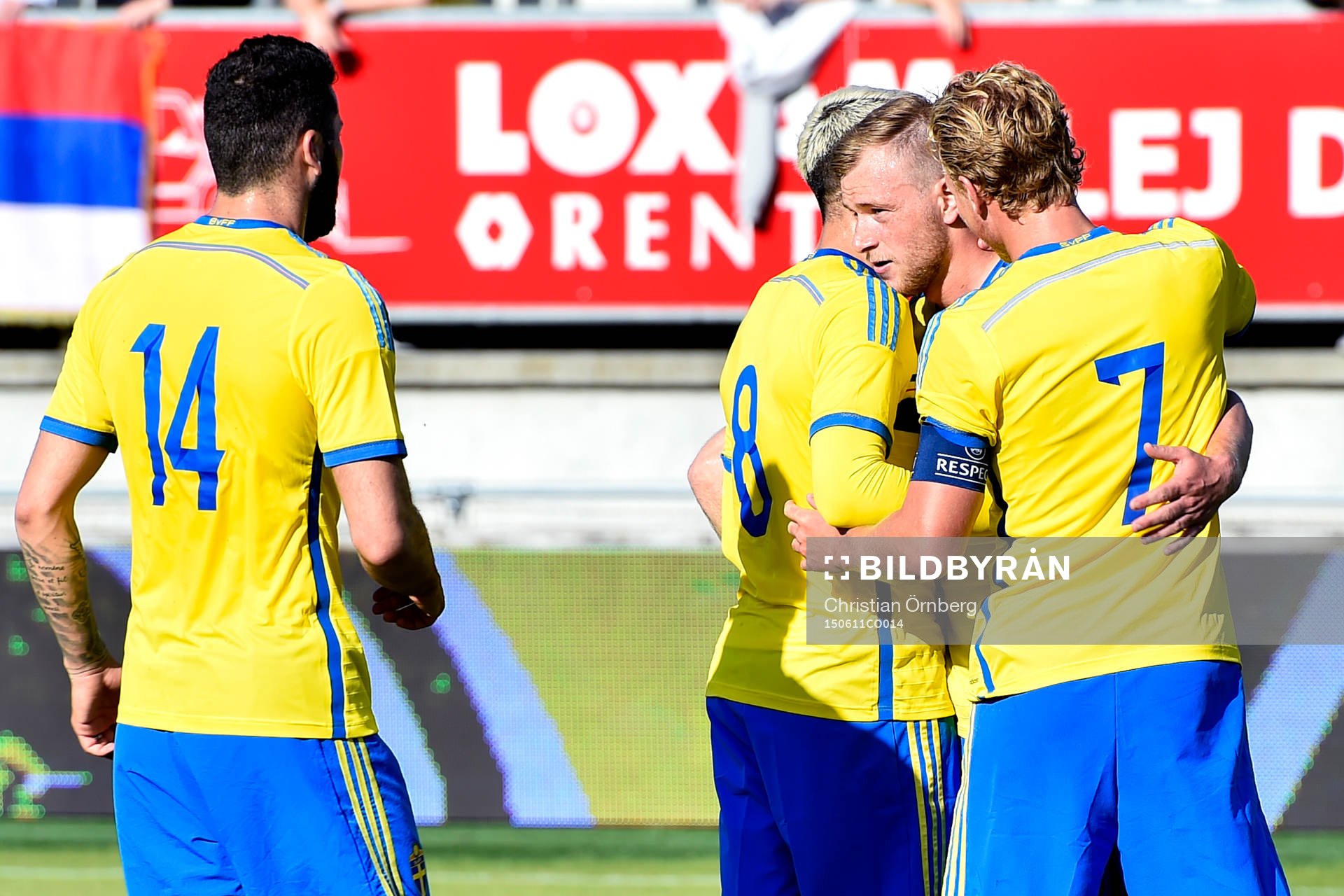 Sveriges John Guidetti jublar efter 0-1 under U21-landskampen i fotboll mellan Danmark och Sverige den 11 juni 2015 i Lyngby.