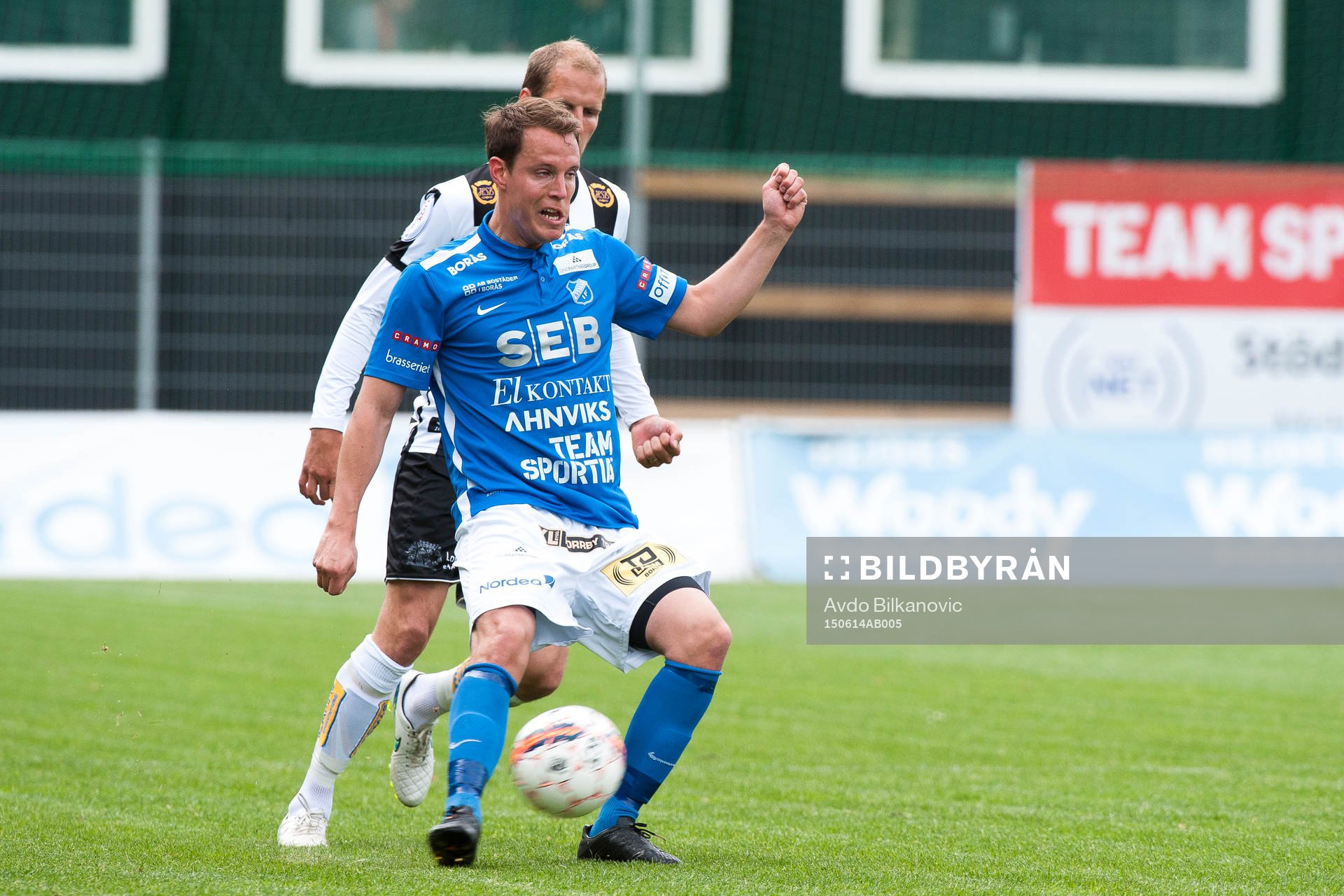 Norrbys Fredrik Ekvall under fotbollsmatchen i Div 1 Södra Götaland mellan Landskrona BoIS och Norrby den 14 juni 2015 i Landskrona