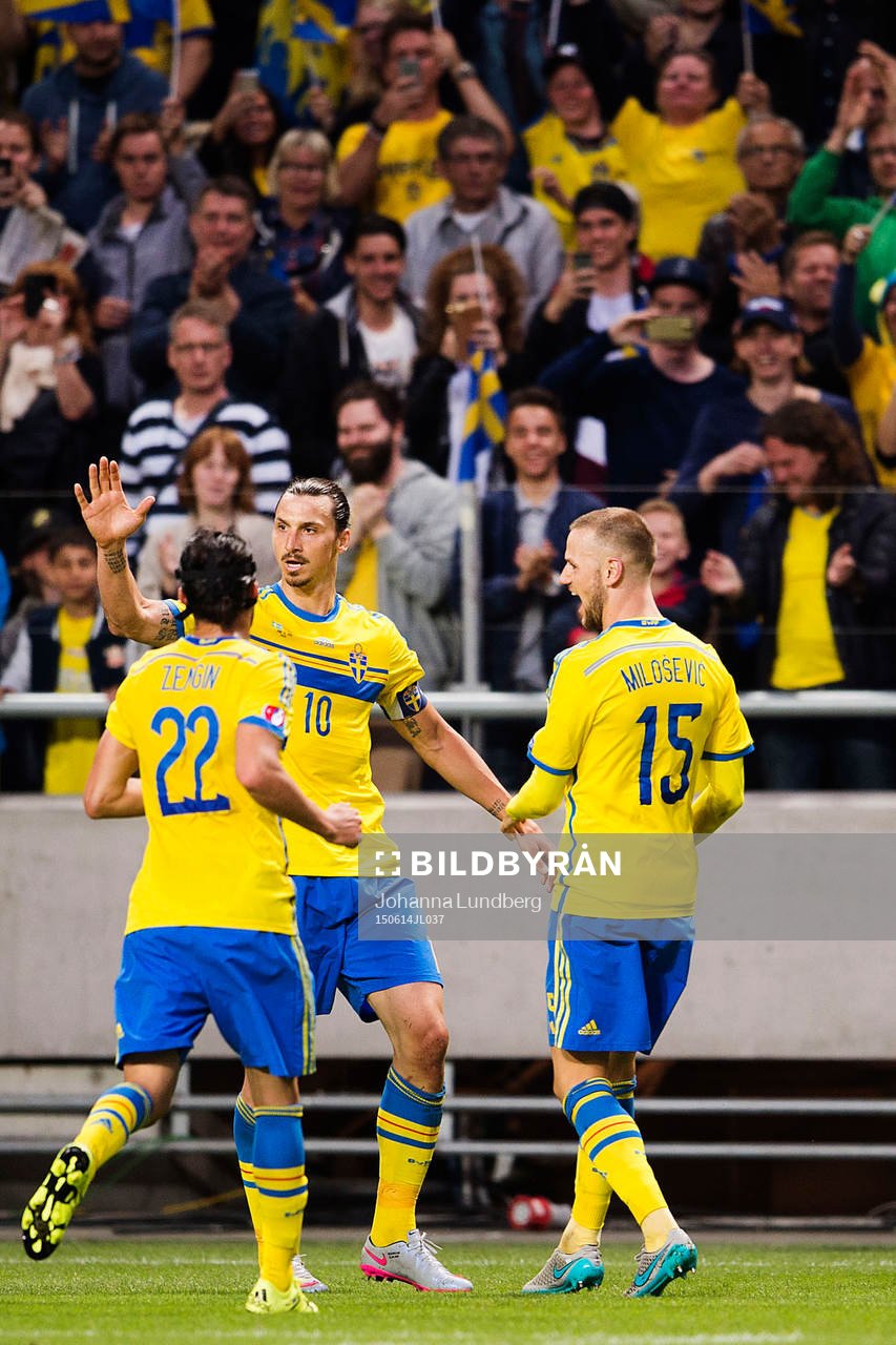 Sveriges Zlatan Ibrahimovic jublar med Marcus Berg, Erkan