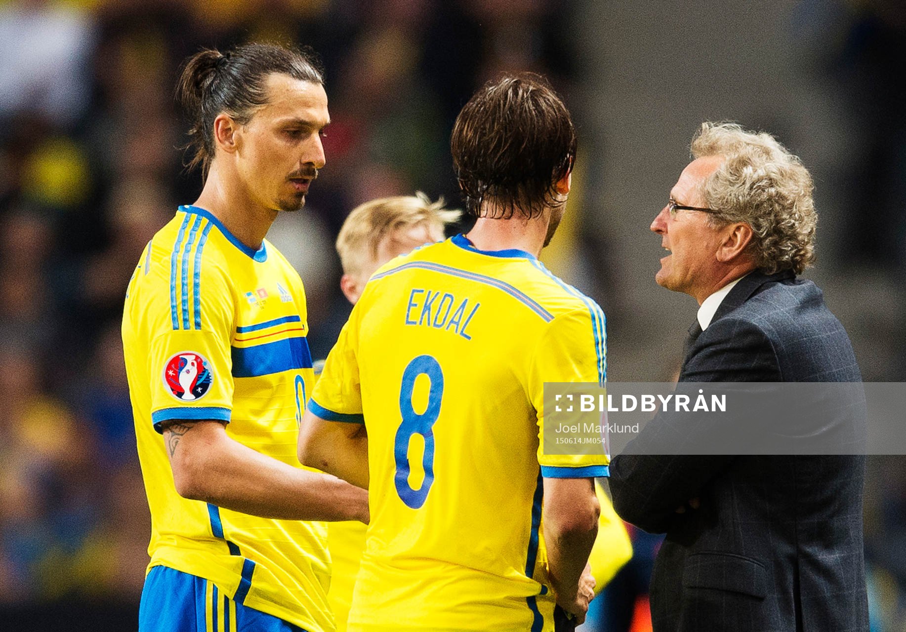 Sveriges Zlatan Ibrahimovic och Albin Ekdal i samtal med