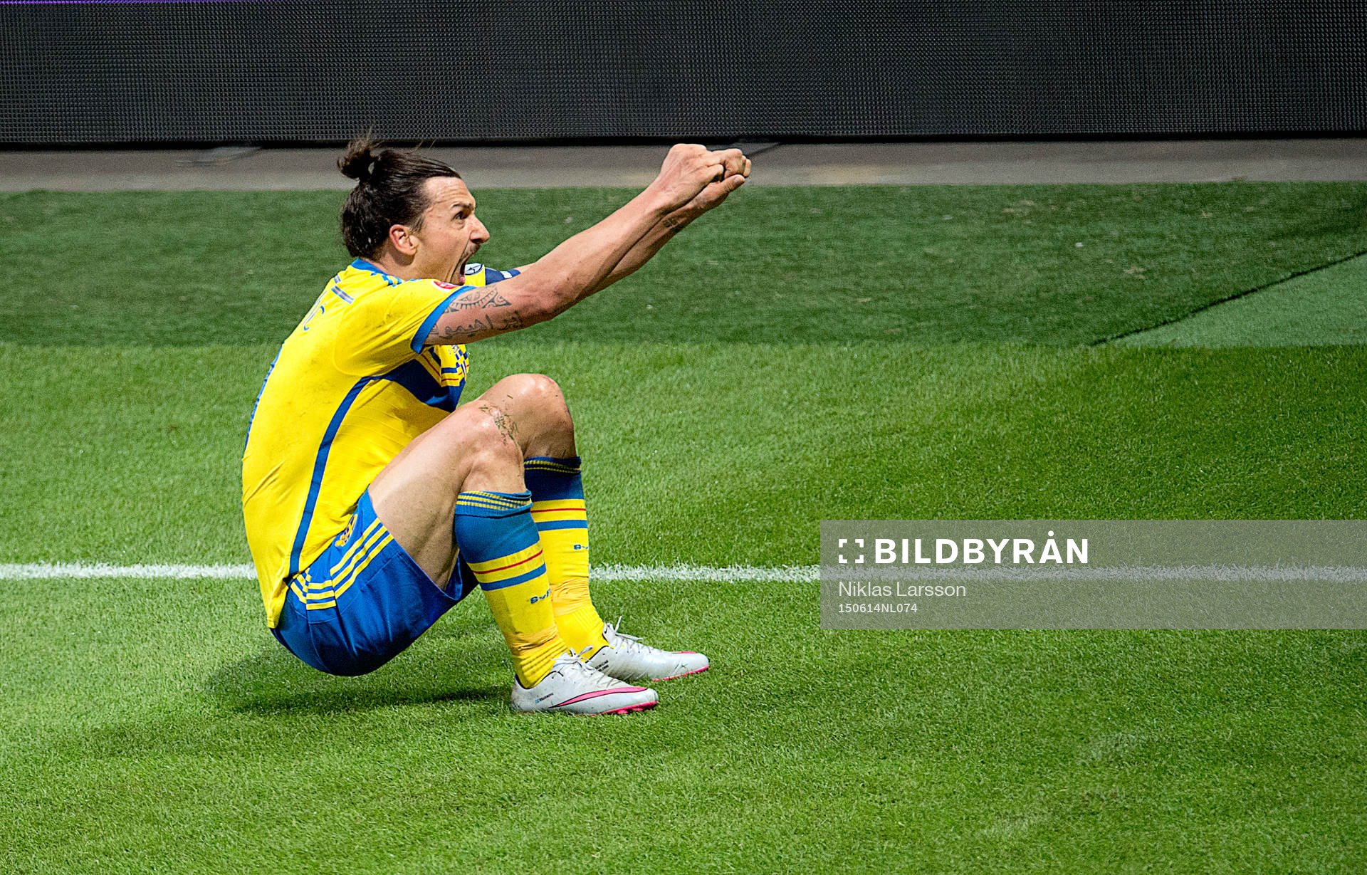 Sveriges Zlatan Ibrahimovic gör en kullerbytta som målgest