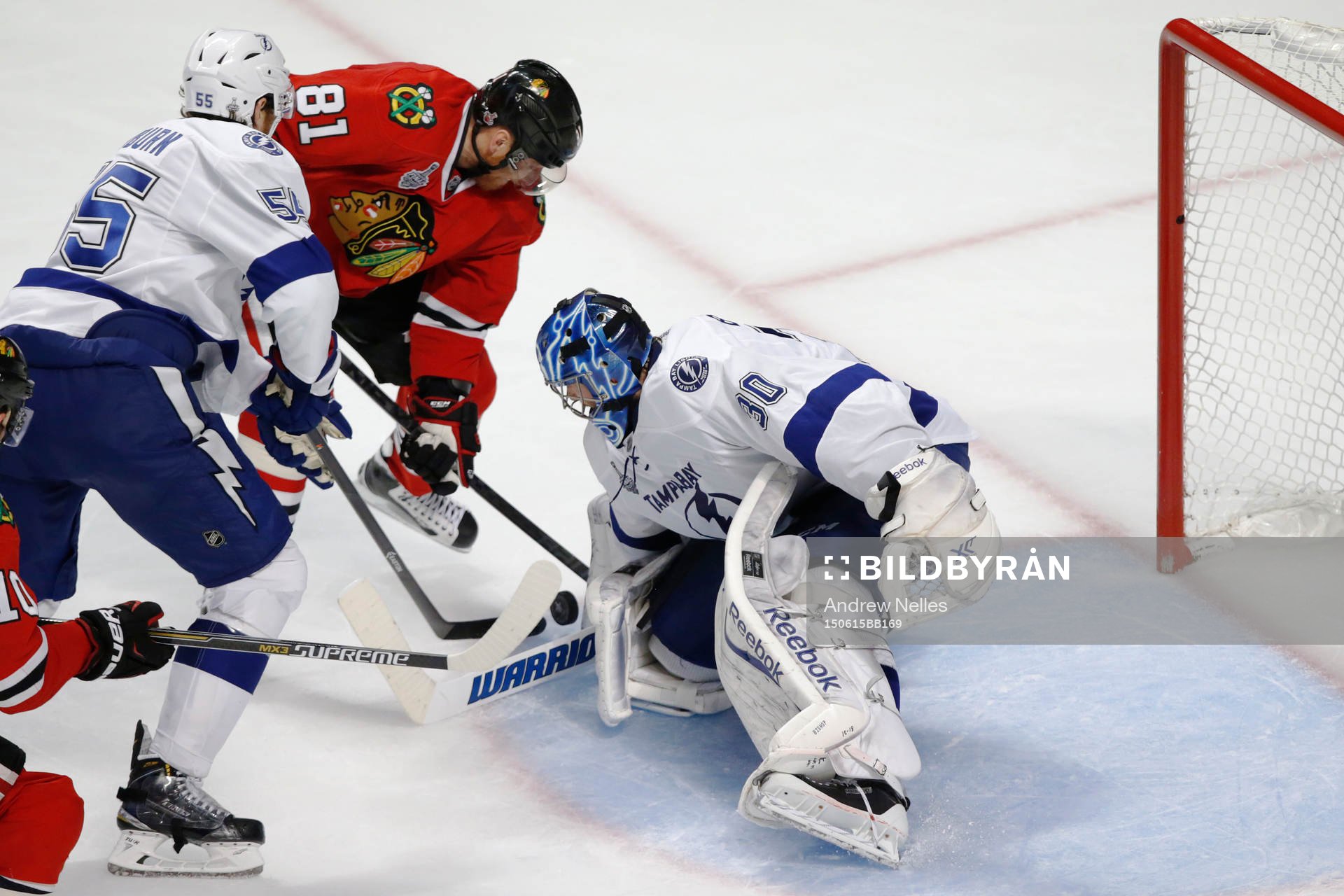 Tampa Bay Lightning goalie Ben Bishop (30) defends against