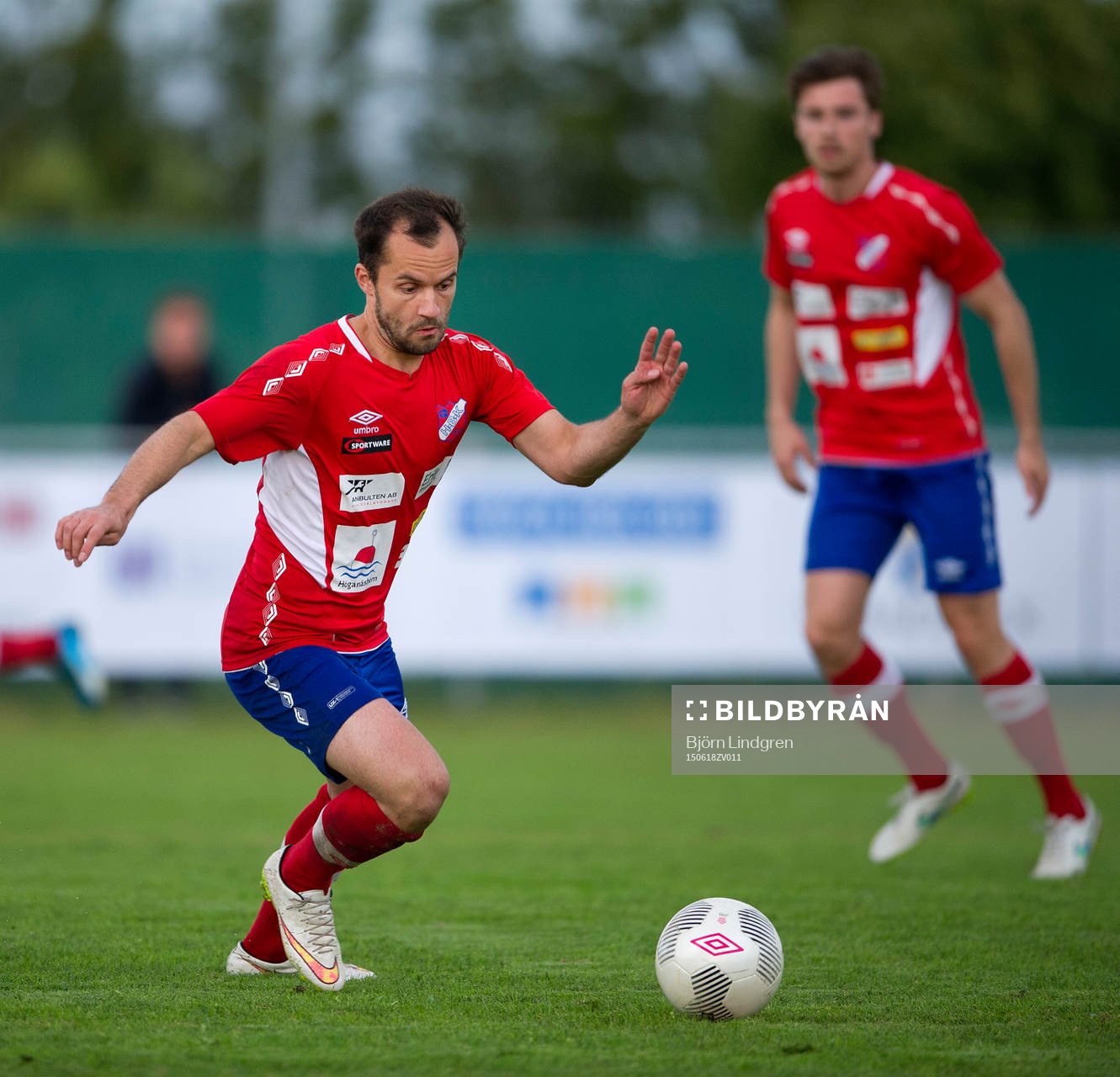 Höganäs Kastriot Sogojeva under fotbollsmatchen i div 2 västra götaland mellan Höganäs BK och Högaborgs BK den 18 juni 2015 i Höganäs.