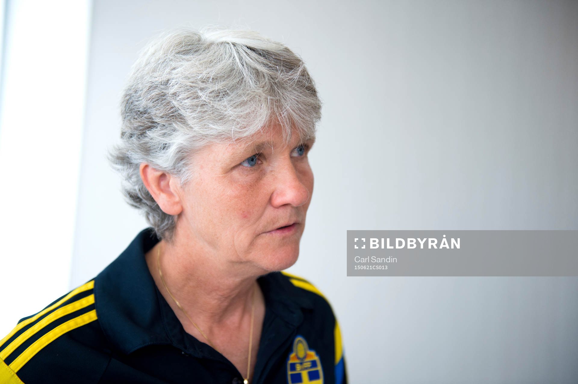 Sveriges förbundskapten Pia Sundhage blir intervjuad