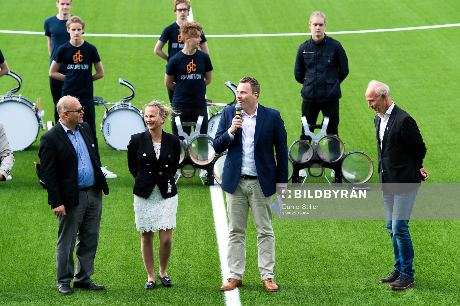 Higabs VD Göran Sylvesten, GotEvents VD Lotta Nibell, Kommunalrådet Daniel Bernmar och BK Häckens klubbdirektör Dennis Andersson under invigningen av BK Häckens nya arena, Bravida Arena, den 25 juni 2015 i Göteborg.