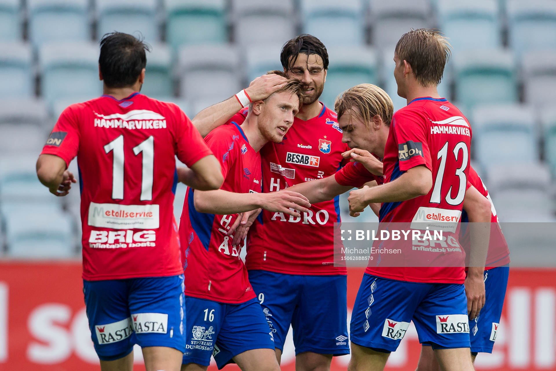 Örgrytes Sebastian Ohlsson kramas om av George Mourad efter 3-0 av Sebastian Ohlsson under fotbollsmatchen i Div 1 södra mellan Örgryte och Kristianstad den 28 juni 2015 i Göteborg.