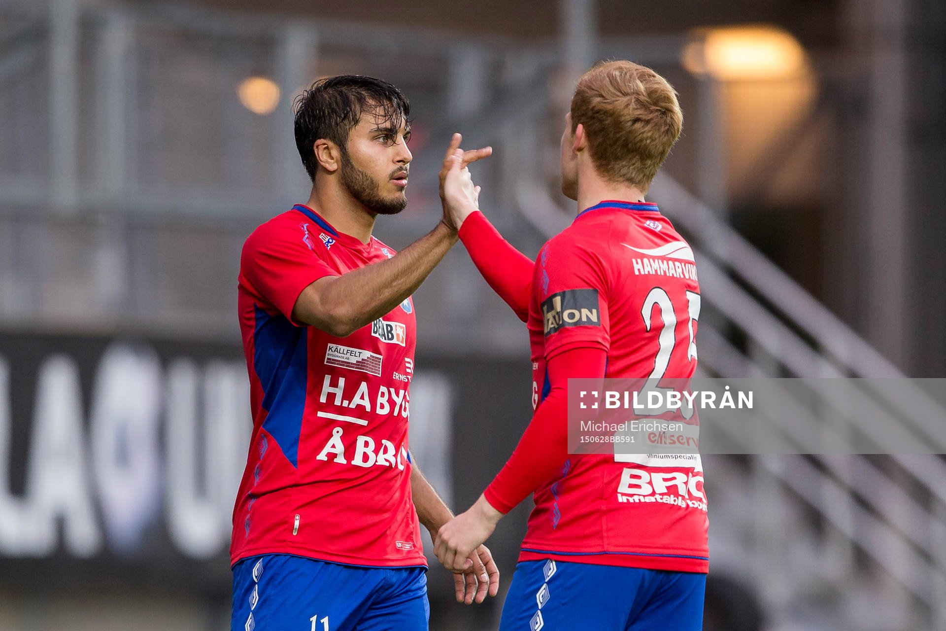 Örgrytes William Atashkadeh jublar och gör high five med Anton Sandberg Magnusson efter att ha gjort 5-0 under fotbollsmatchen i Div 1 södra mellan Örgryte och Kristianstad den 28 juni 2015 i Göteborg.