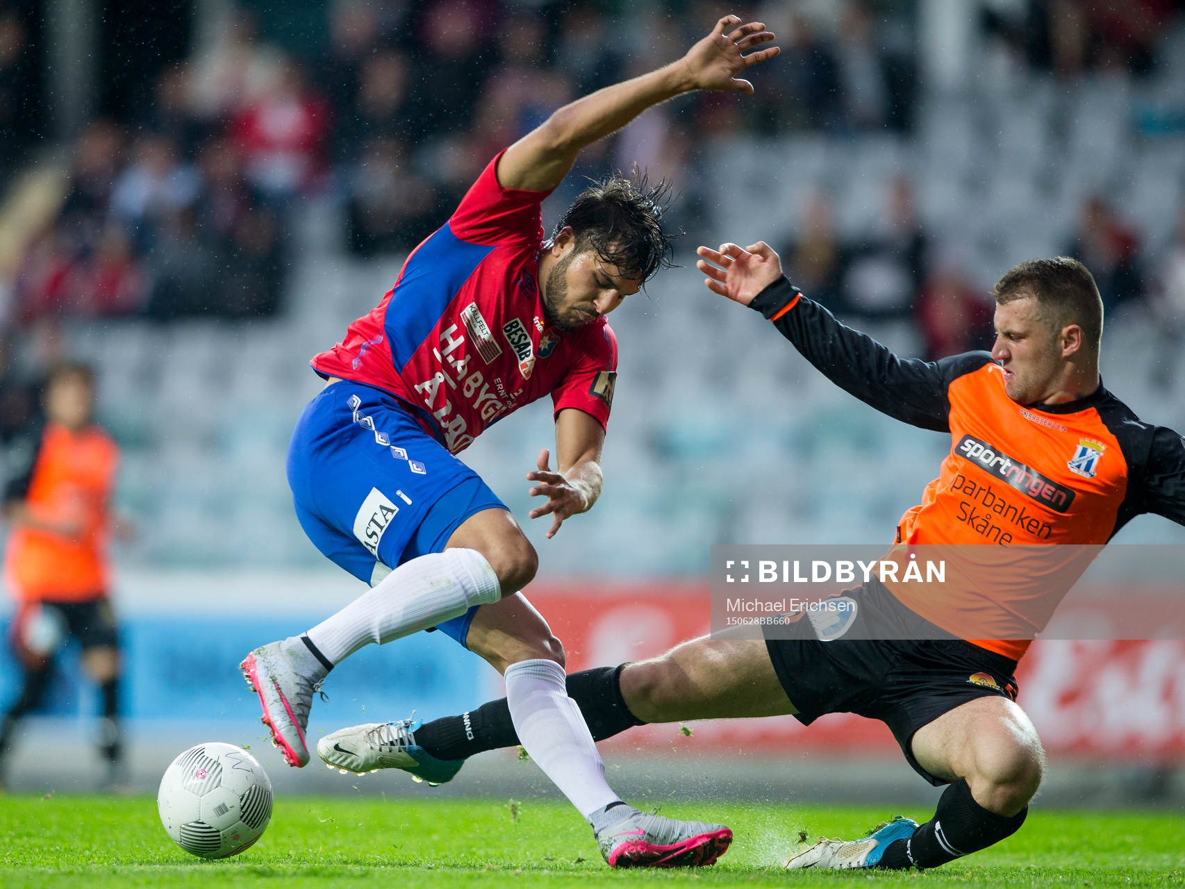 Örgrytes William Atashkadeh vänder bort Kristianstads Mehmed Dresevic och spelar fram till 1-0 målet under fotbollsmatchen i Div 1 södra mellan Örgryte och Kristianstad den 28 juni 2015 i Göteborg.