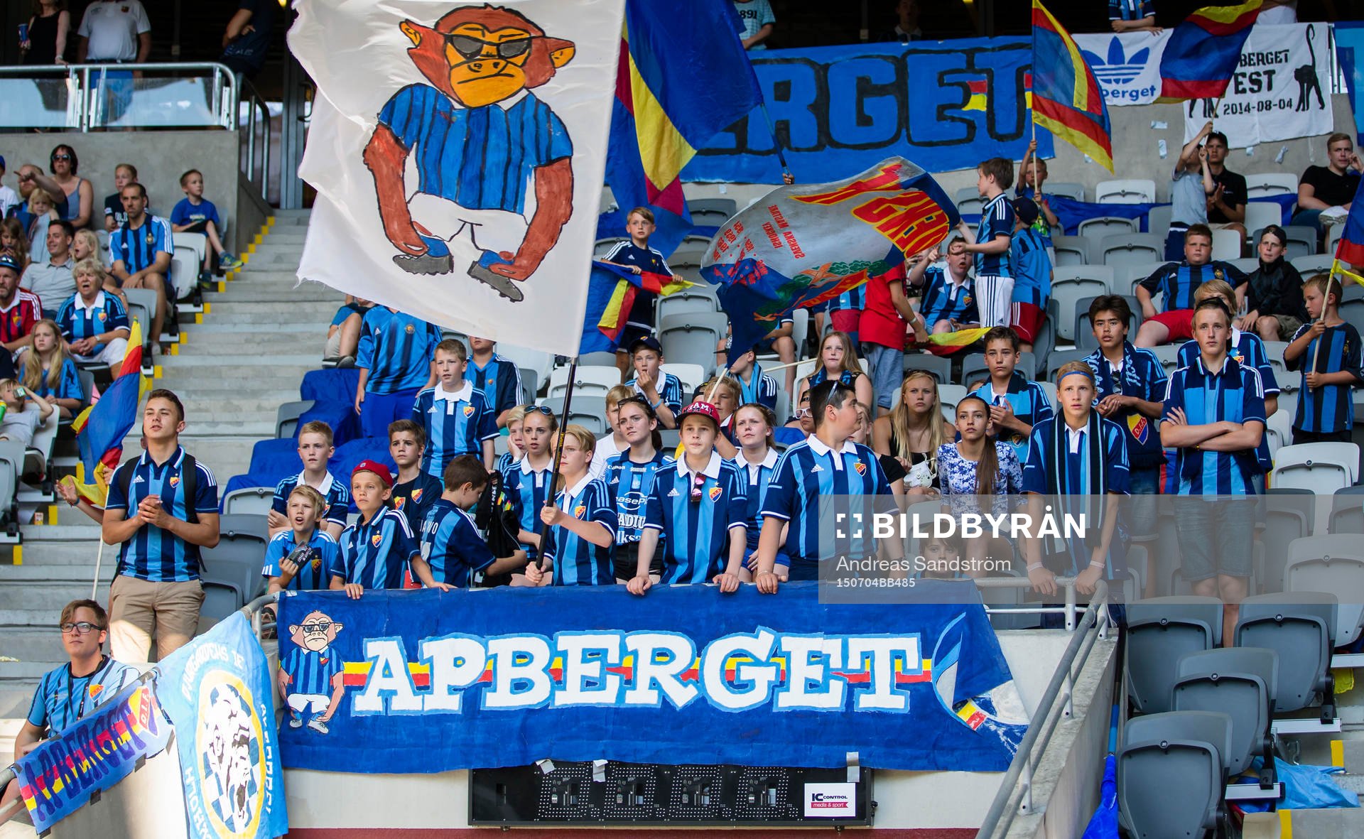Yngre Djurgårdsupportar viftar med flaggor