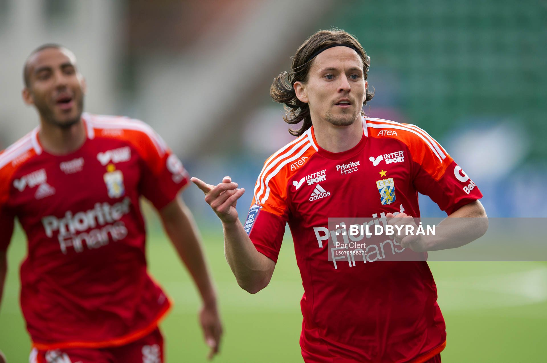 IFK Göteborgs Gustav Engvall jublar efter han gjort 0-2 målet under fotbollsmatchen i Allsvenskan mellan GIF Sundsvall och IFK Göteborg den 5 Juli 2015 i Sundsvall.