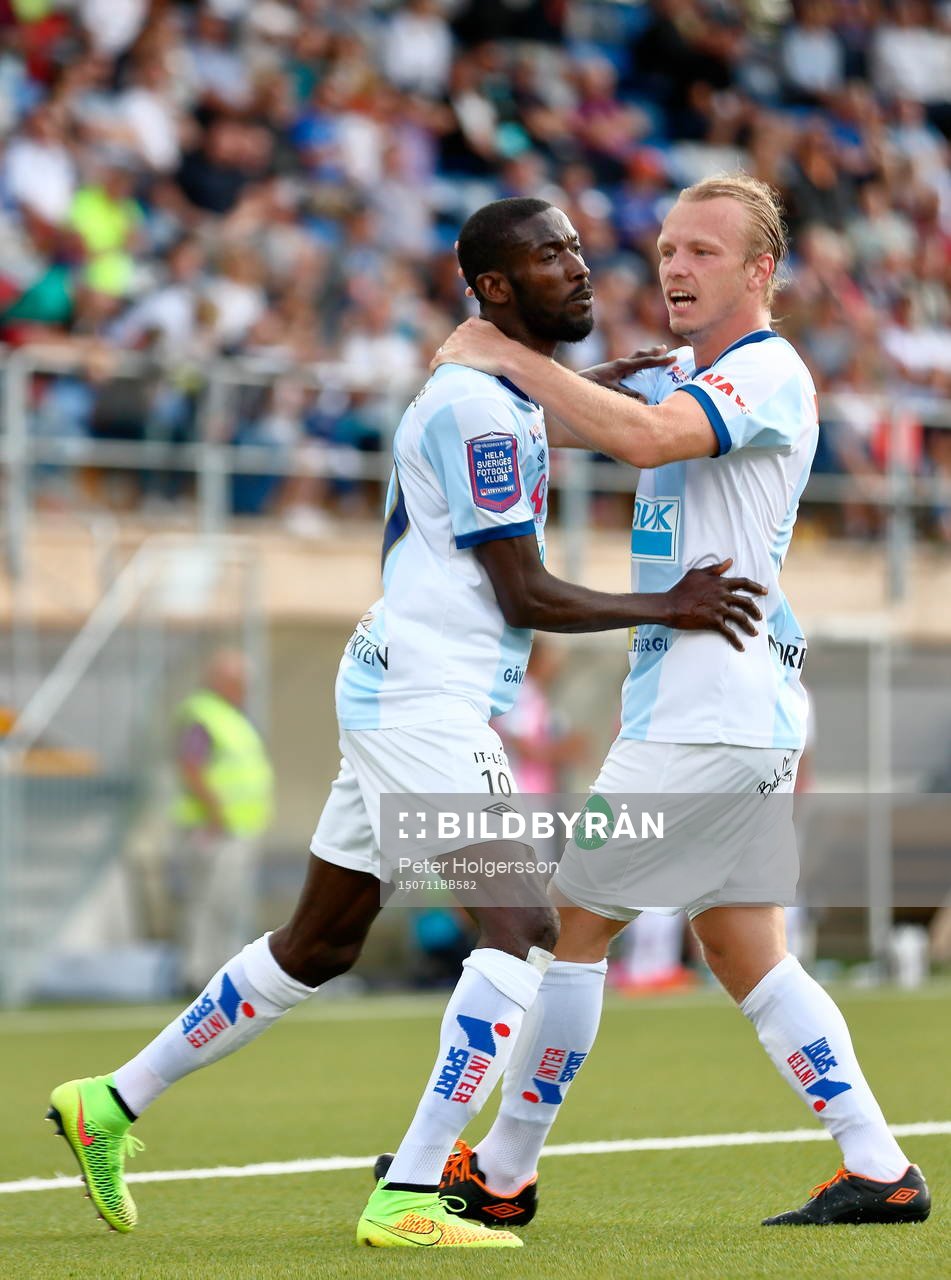Jubel efter mål 1-1 av Gefles Dioh Williams under fotbollsmatchen i Allsvenskan mellan Åtvidaberg och Gefle den 11 juli 2015 i Åtvidaberg.
