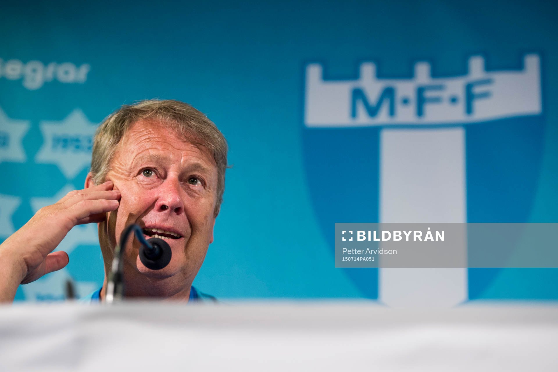 Tränare Åge Hareide under en presskonferens med Malmö FF inför kvalmatchen i Champions League den 14 juli 2015 i Malmö.