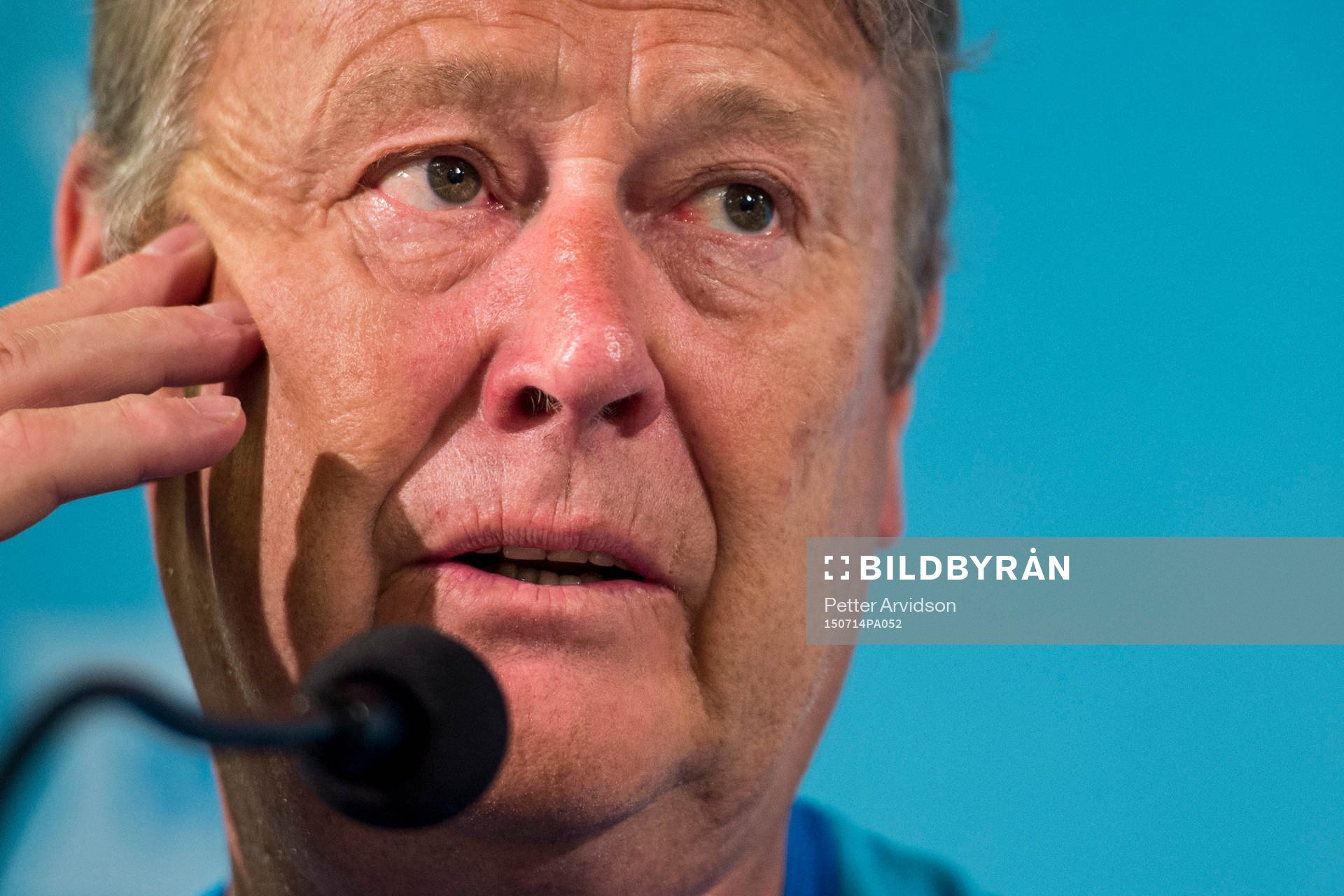 Tränare Åge Hareide under en presskonferens med Malmö FF inför kvalmatchen i Champions League den 14 juli 2015 i Malmö.