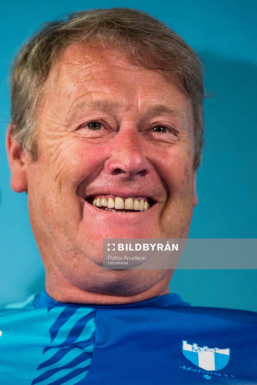 Tränare Åge Hareide under en presskonferens med Malmö FF inför kvalmatchen i Champions League den 14 juli 2015 i Malmö.