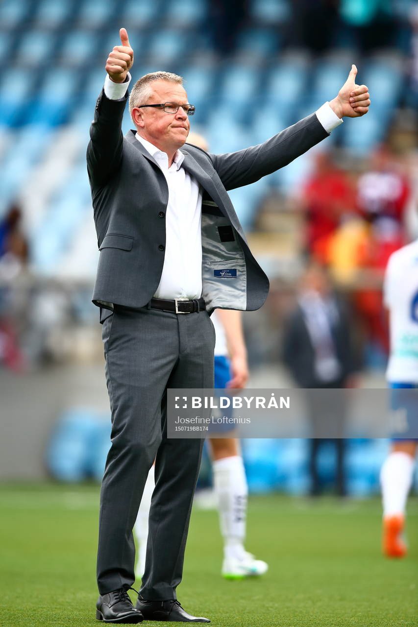 Norrköpings tränare Jan Andersson under fotbollsmatchen i Allsvenskan mellan Norrköping och IFK Göteborg den 19 juli 2015 i Norrköping.