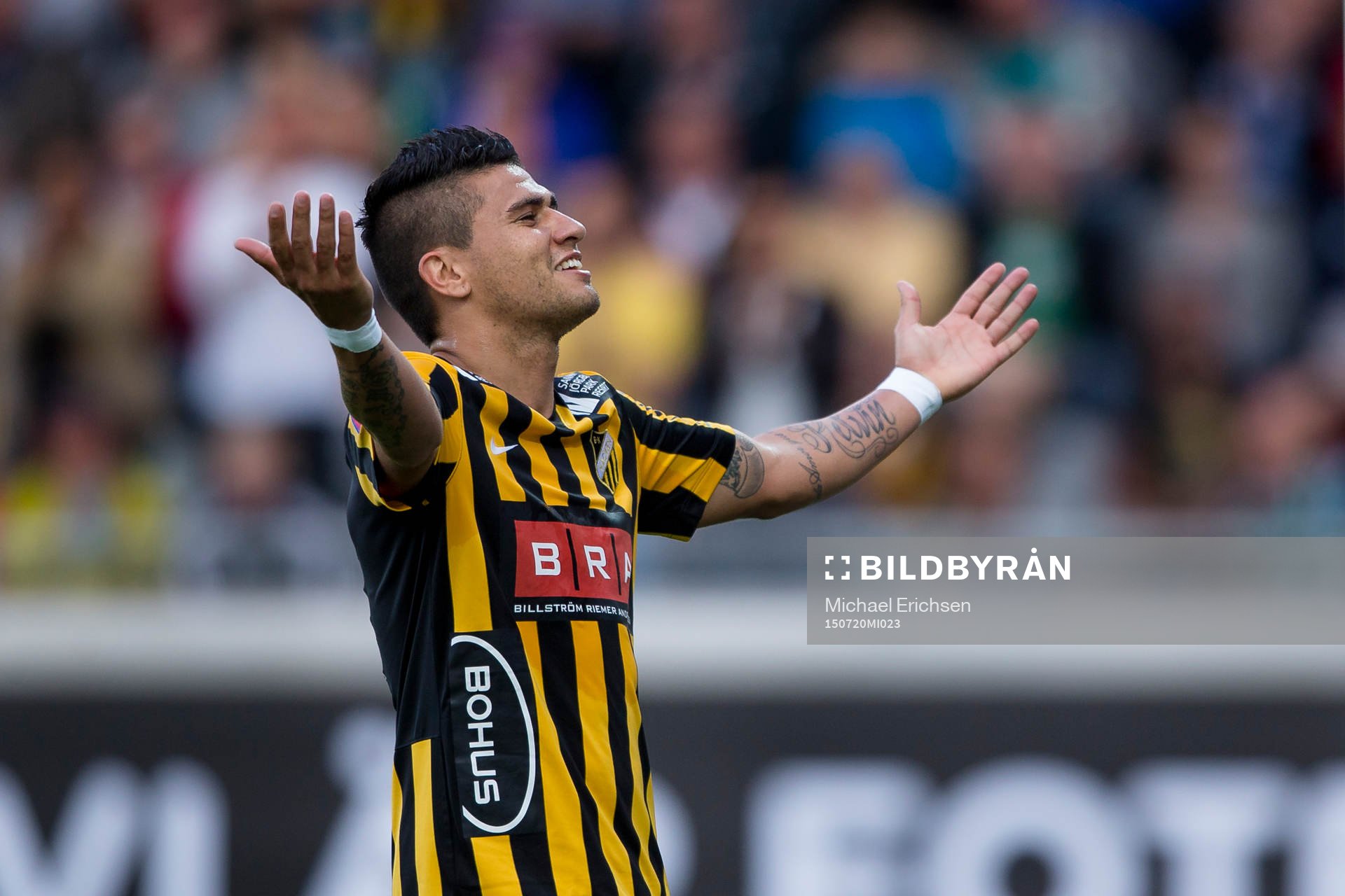Häckens Paulo De Oliveira jublar efter 2-1 på straff under fotbollsmatchen i Allsvenskan mellan Häcken och Hammarby den 20 juli 2015 i Göteborg.