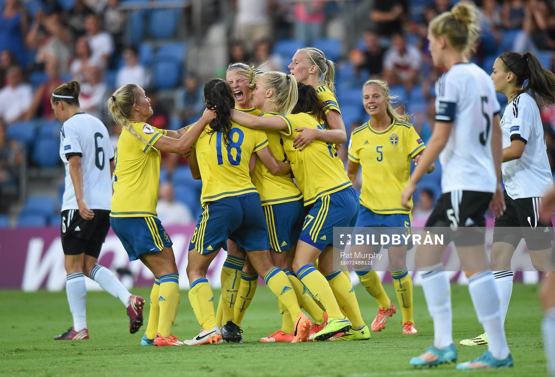 Tove Almqvist (4R) of Sweden after scoring her side's first goal during their UEFA European Women's Under-19 Championship semi-final against Germany