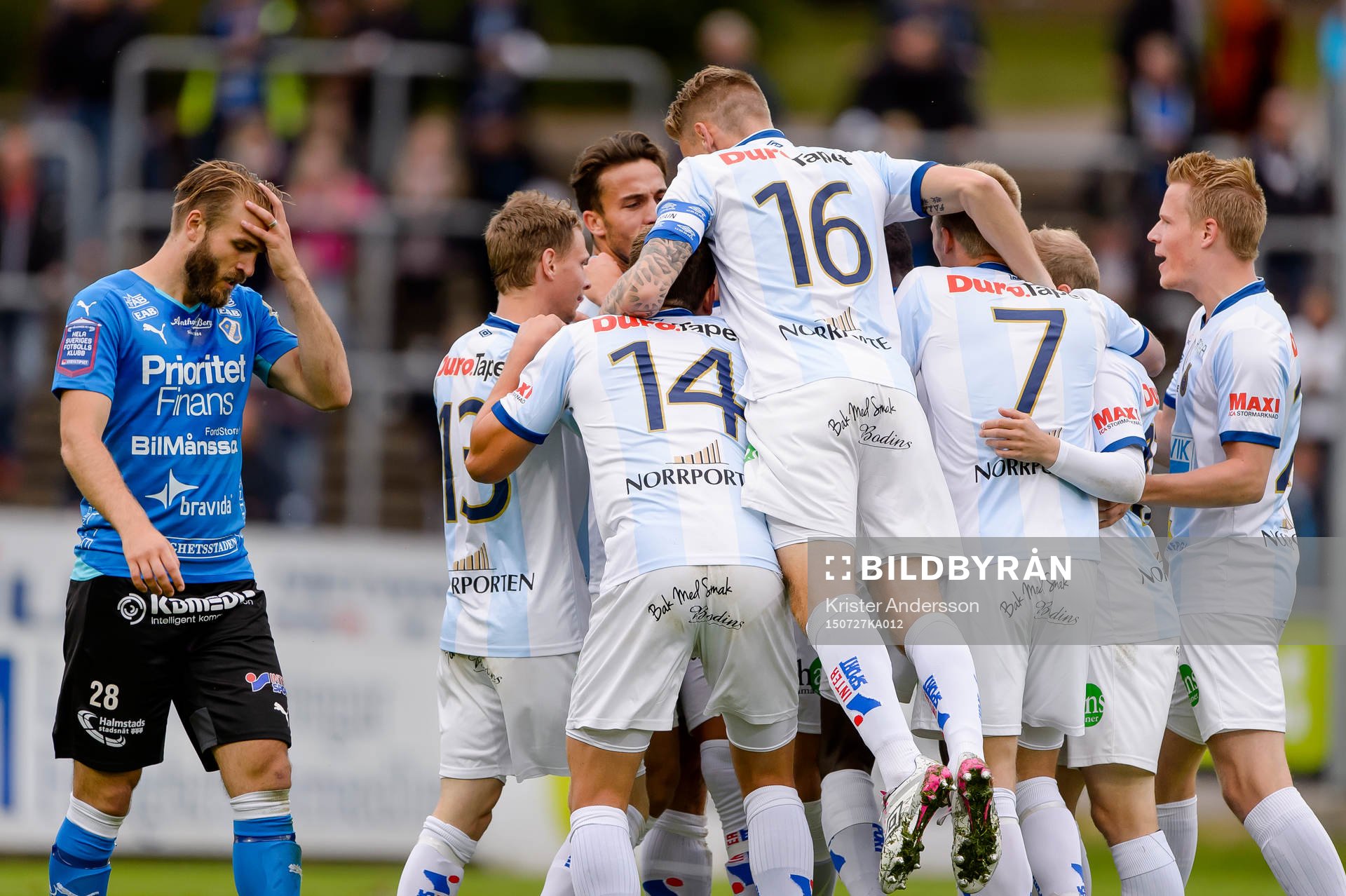 Gefles spelare jublar efter att Anders Bååth-Sjöblom gjort 0-1 under en fotbollsmatch i Allsvenskan mellan Halmstad och Gefle den 27 juli 2015 i Halmstad.
