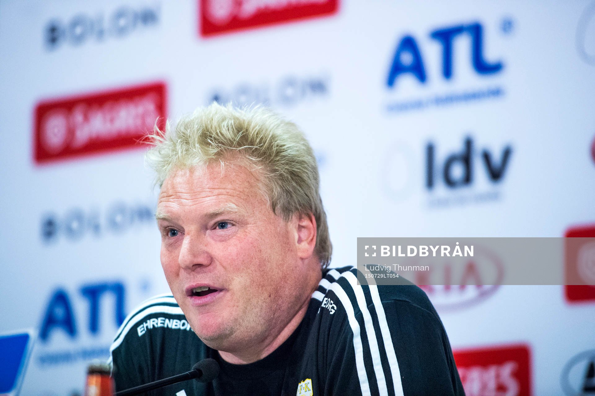 IFK Göteborgs tränare Jörgen Lennartsson under en presskonferens den 29 juli 2015 i Lissabon. 