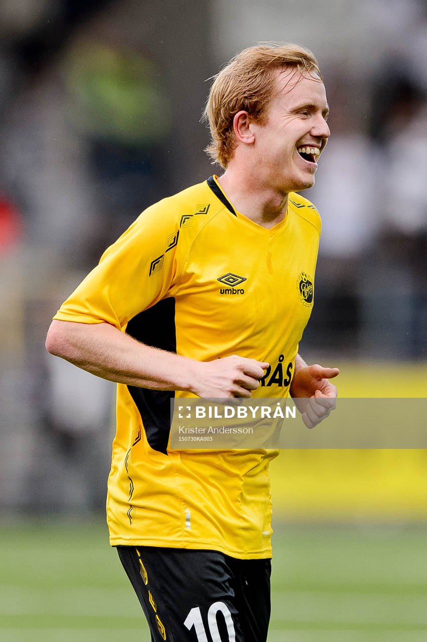 Elfsborgs Simon Lundevall jublar efter 2-1 under en fotbollsmatch i Europa League mellan Elfsborg och Odd den 30 juli 2015 i Borås.
