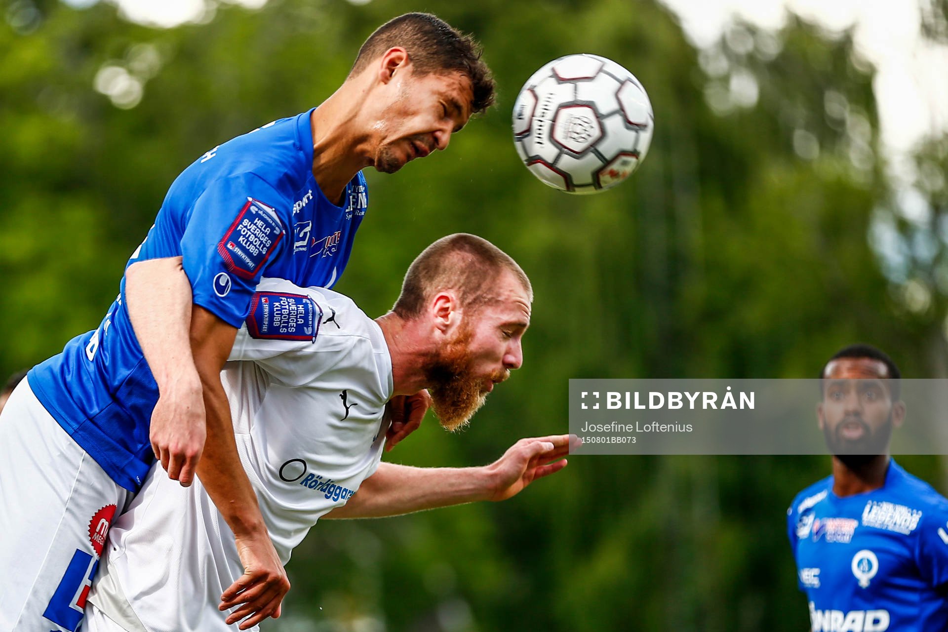 Malmö FFs Jo Inge Berget och Åtvidabergs Mauricio Albornoz i en nickduell under fotbollsmatchen i Allsvenskan mellan Åtvidaberg och Malmö FF den 01 augusti 2015 i Åtvidaberg.
