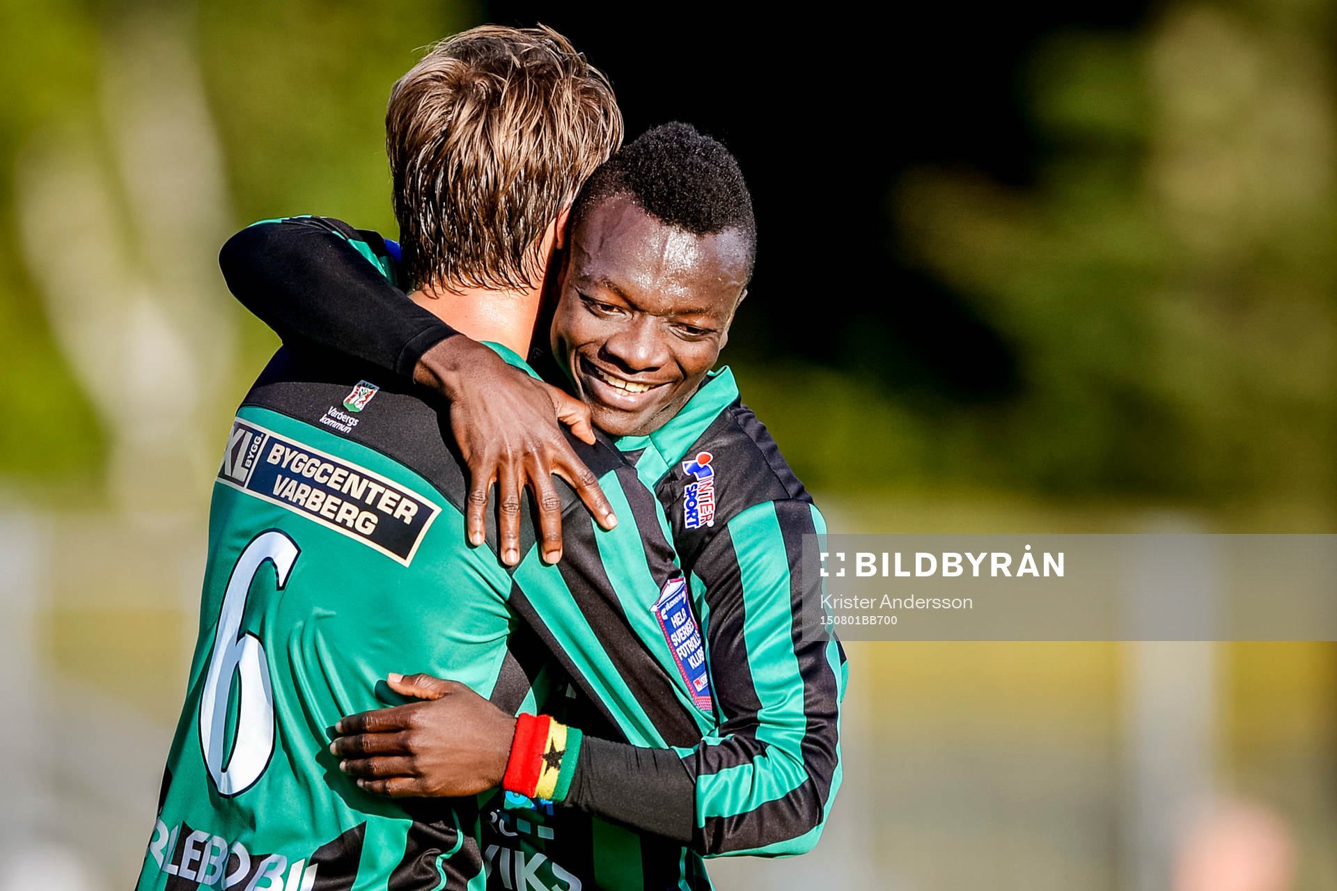 Varbergs Thomas Boakye firar efter 5-0 målet under fotbollsmatchen i Superettan mellan Varberg och Frej Täby den 1 augusti 2015 i Varberg.