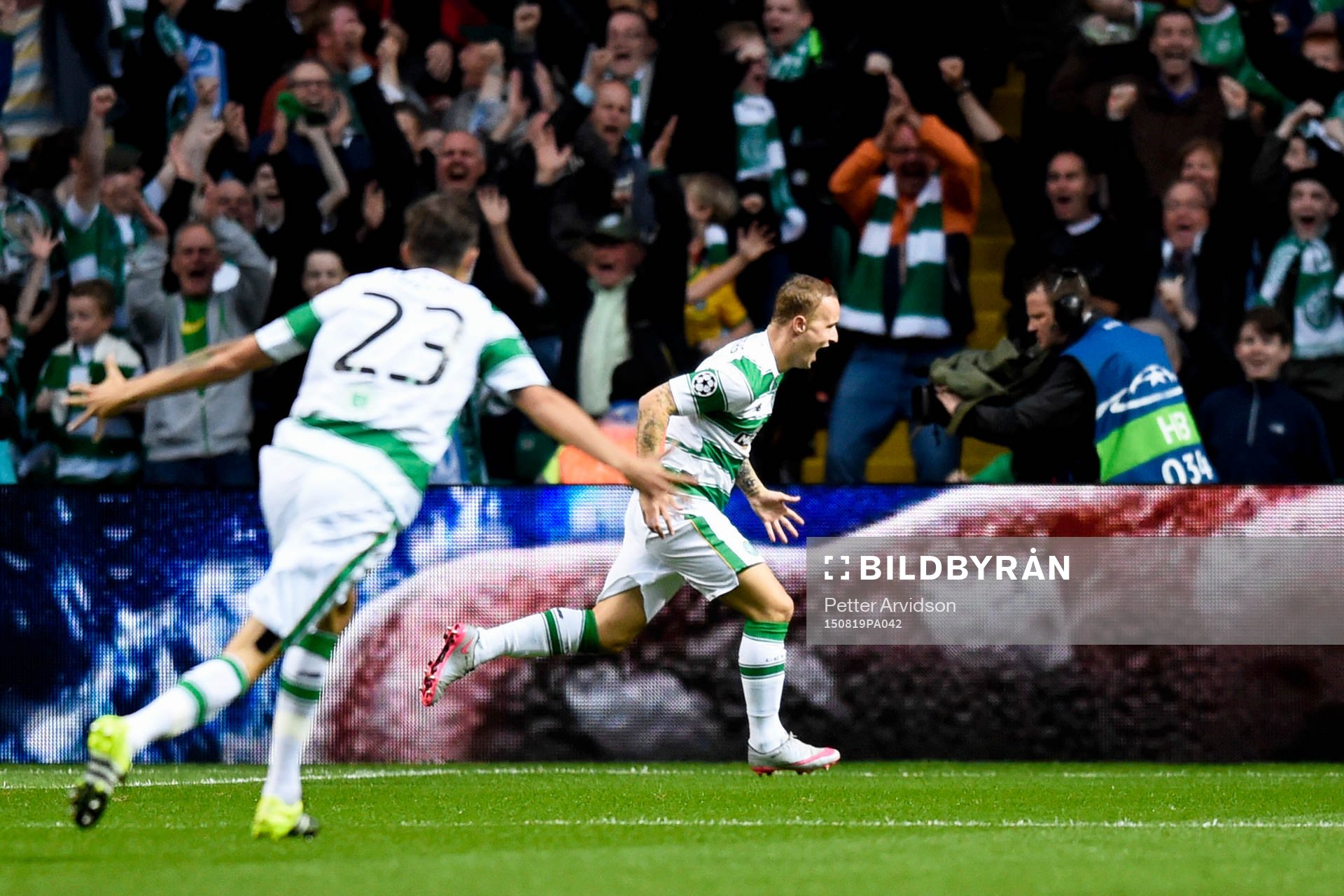 Celtics Leigh Griffiths jublar efter 1-0 under fotbollsmatchen mellan Celtic och Malmö FF i kvalet till Champions League den 19 augusti 2015 i Glasgow.