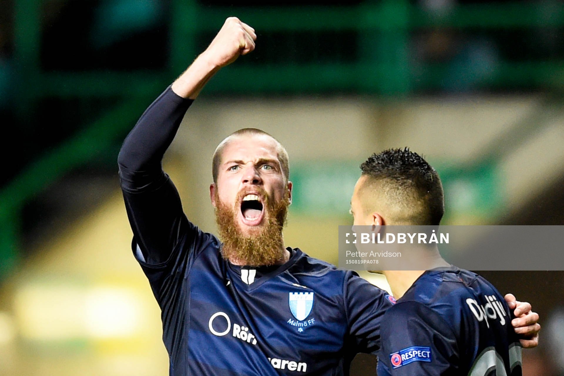 Malmö FFs Jo Inge Berget jublar efter 2-1 under fotbollsmatchen mellan Celtic och Malmö FF i kvalet till Champions League den 19 augusti 2015 i Glasgow.
