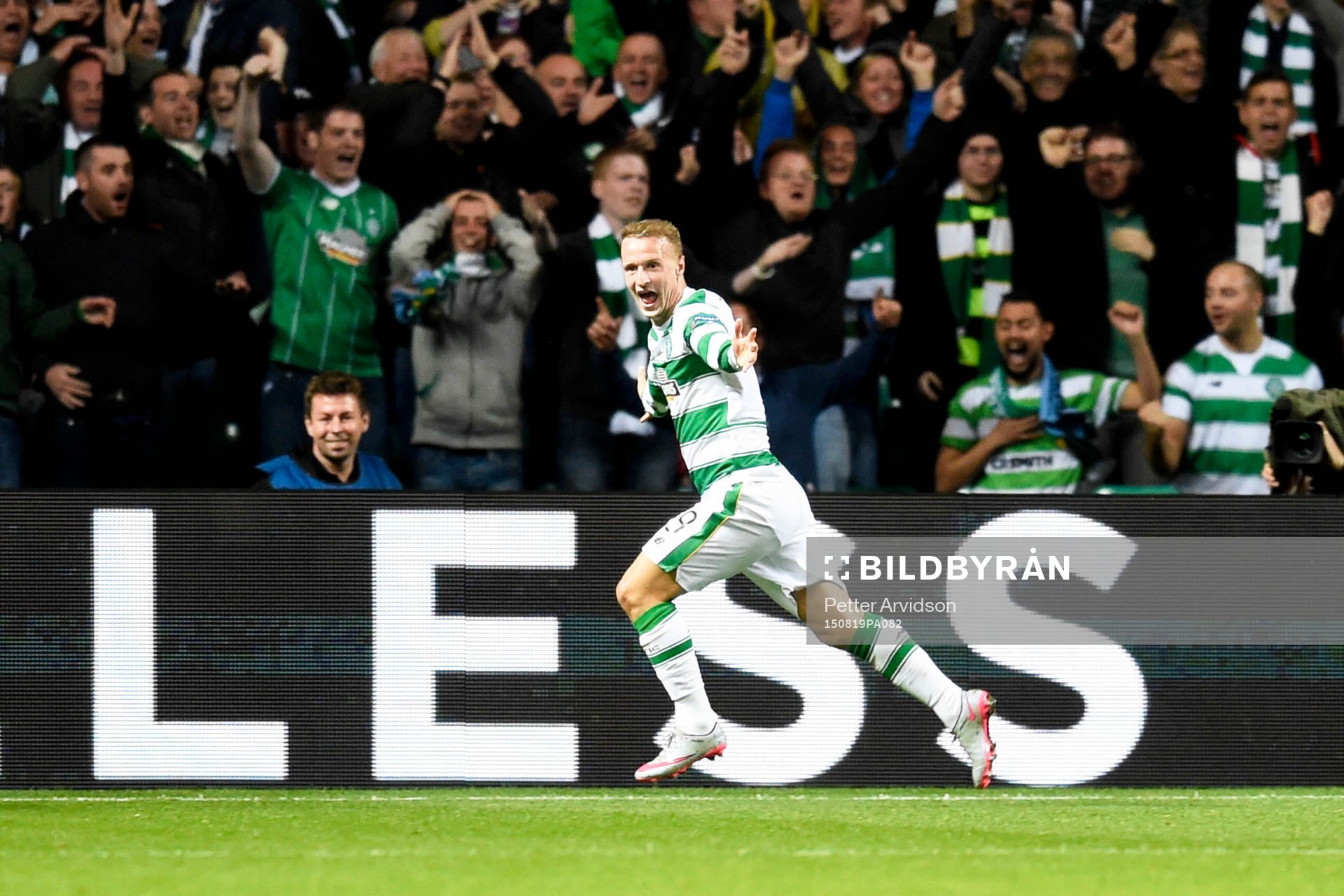 Celtics Leigh Griffiths jublar efter 3-1 under fotbollsmatchen mellan Celtic och Malmö FF i kvalet till Champions League den 19 augusti 2015 i Glasgow.