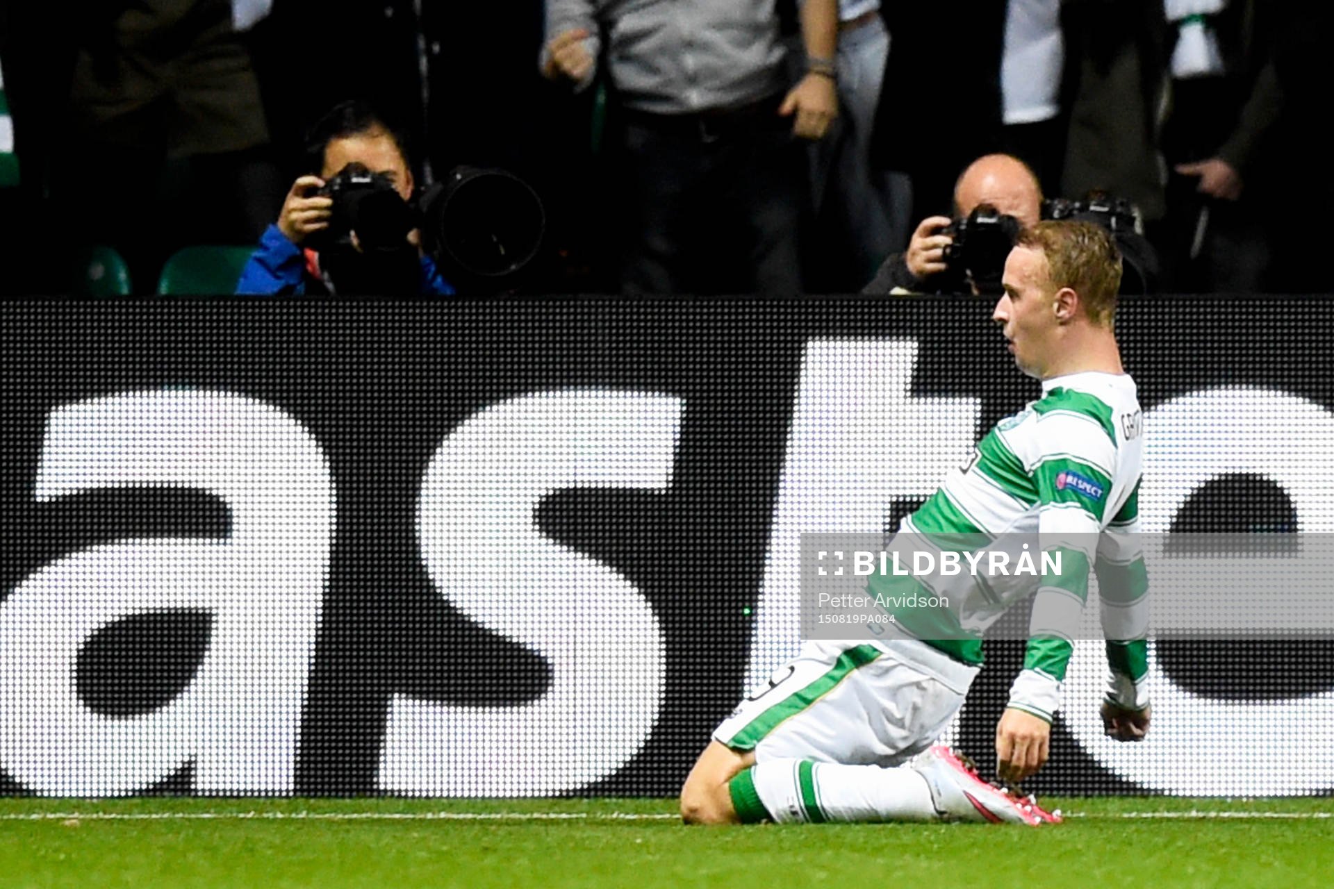 Celtics Leigh Griffiths jublar efter 3-1 under fotbollsmatchen mellan Celtic och Malmö FF i kvalet till Champions League den 19 augusti 2015 i Glasgow.