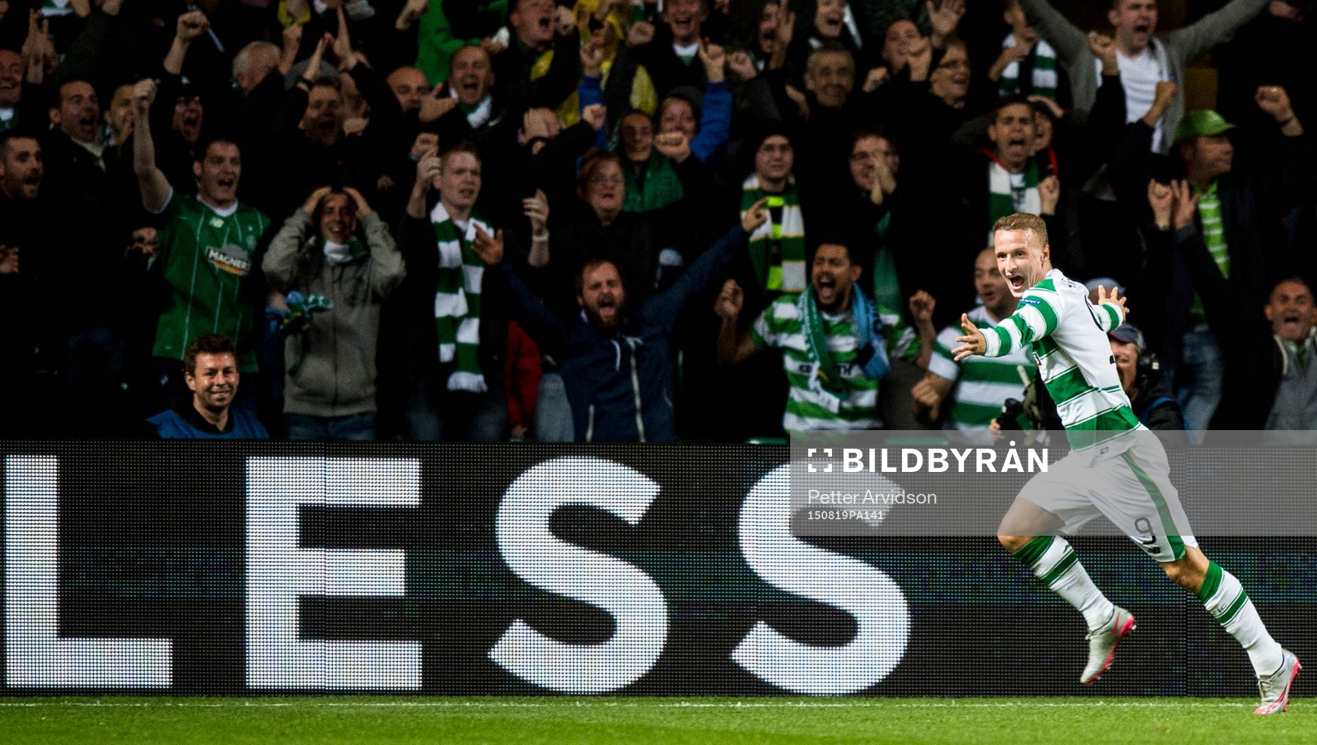 Celtics Leigh Griffiths jublar efter att han gjort 3-1 under fotbollsmatchen mellan Celtic och Malmö FF i kvalet till Champions League den 19 augusti 2015 i Glasgow.