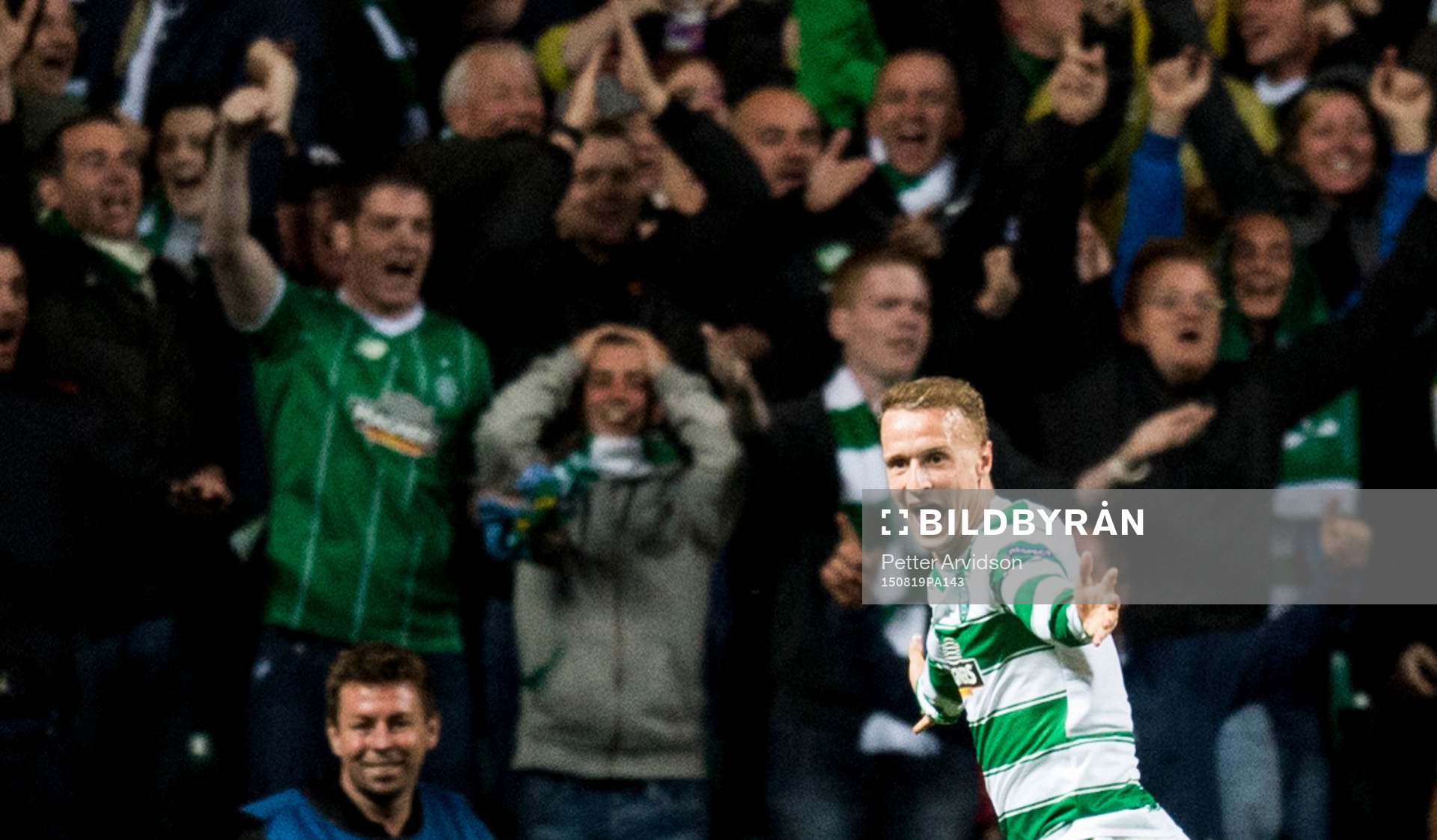 Celtics Leigh Griffiths jublar efter att han gjort 3-1 under fotbollsmatchen mellan Celtic och Malmö FF i kvalet till Champions League den 19 augusti 2015 i Glasgow.