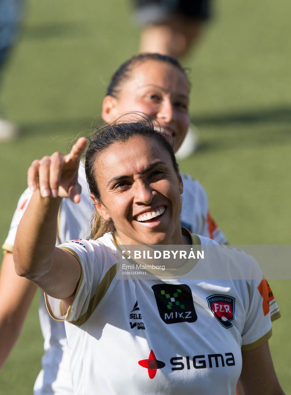 Rosengårds Marta Vieira da Silva jublar efter fotbollsmatchen i damallsvenskan mellan FC Rosengård och Mallbacken den 22 augusti 2015 i Malmö.