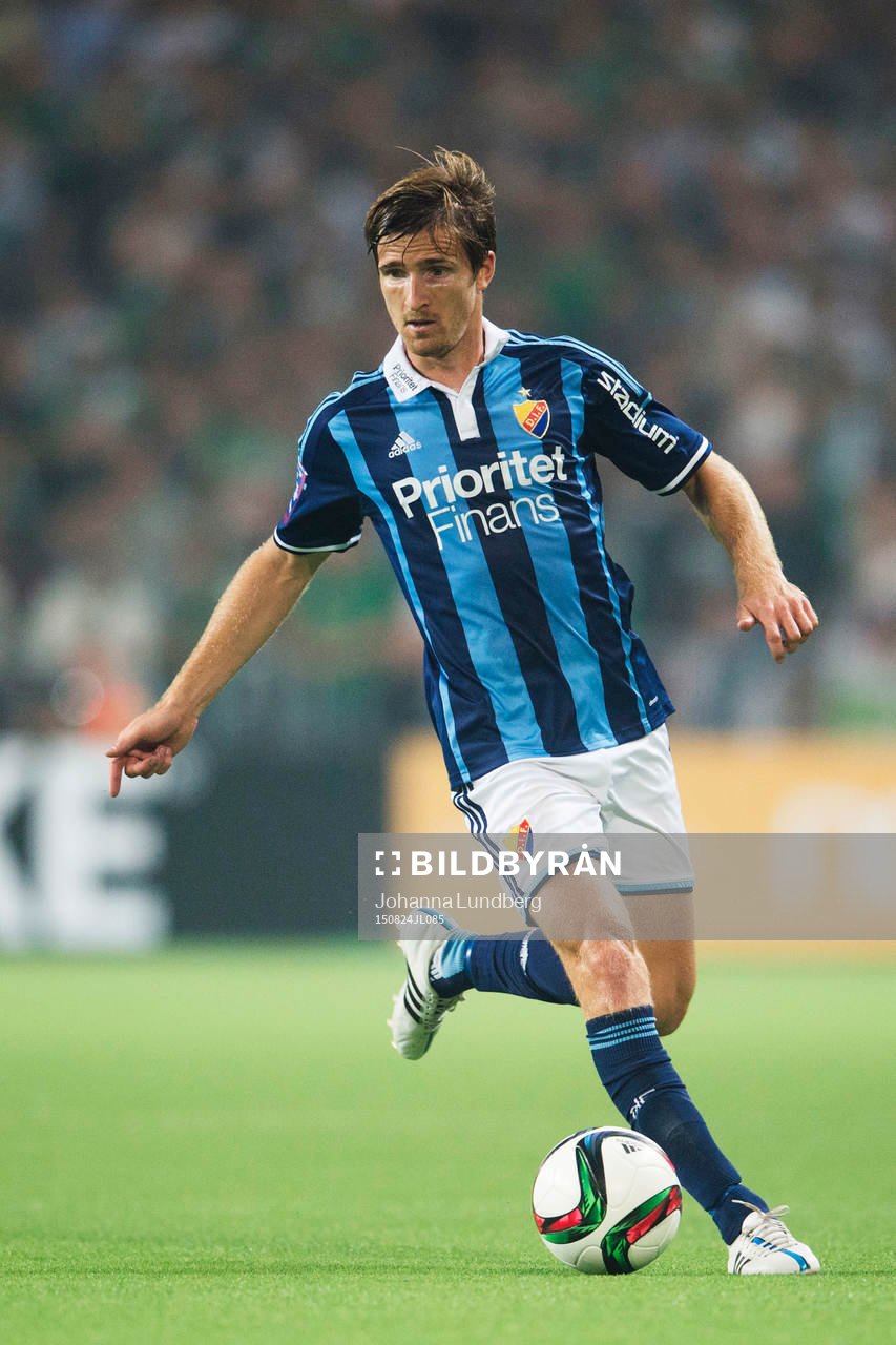 Djurgårdens Jesper Arvidsson under fotbollsmatchen i Allsvenskan mellan Djurgården och Hammarby den 24 augusti 2015 i Stockholm. 