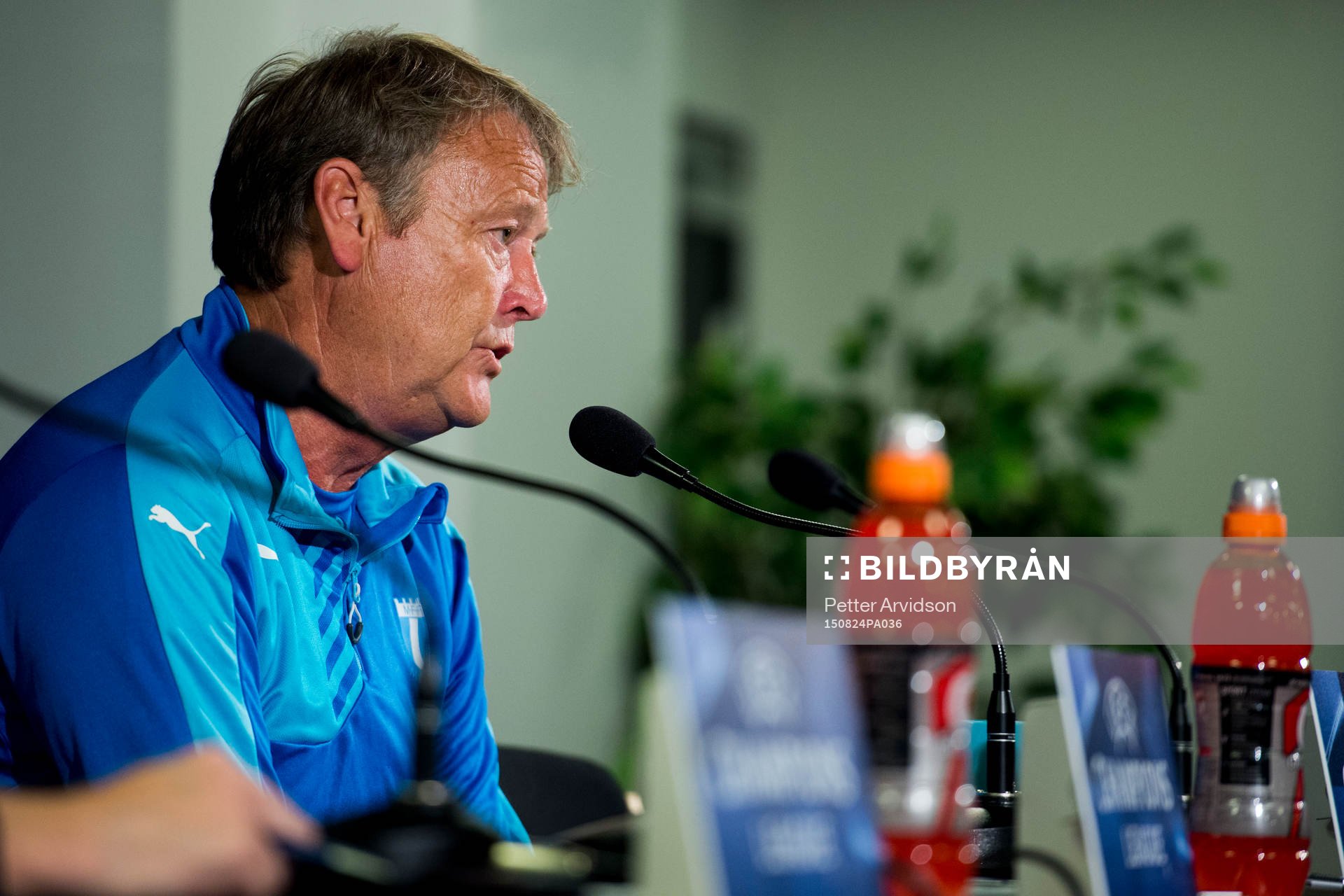 Malmö FFs tränare Åge Hareide under en presskonferens inför kvalet till Champions League den 24 augusti 2015 i Malmö.