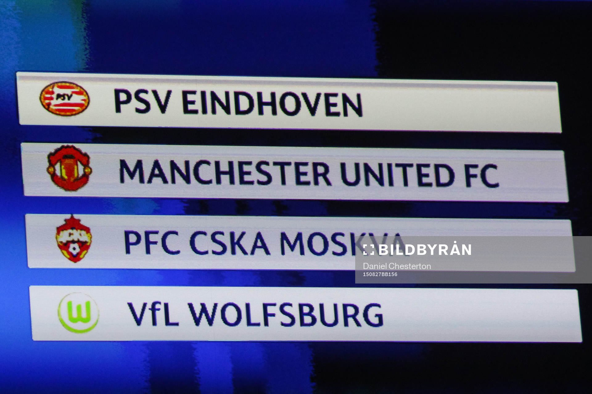 Grupp B bestående av PSV Eindhoven, Manchester United, CSKA Moskva och Wolfsburg under lottningen av gruppspelet i Champions League den 27 augusti 2015 i Monaco.
