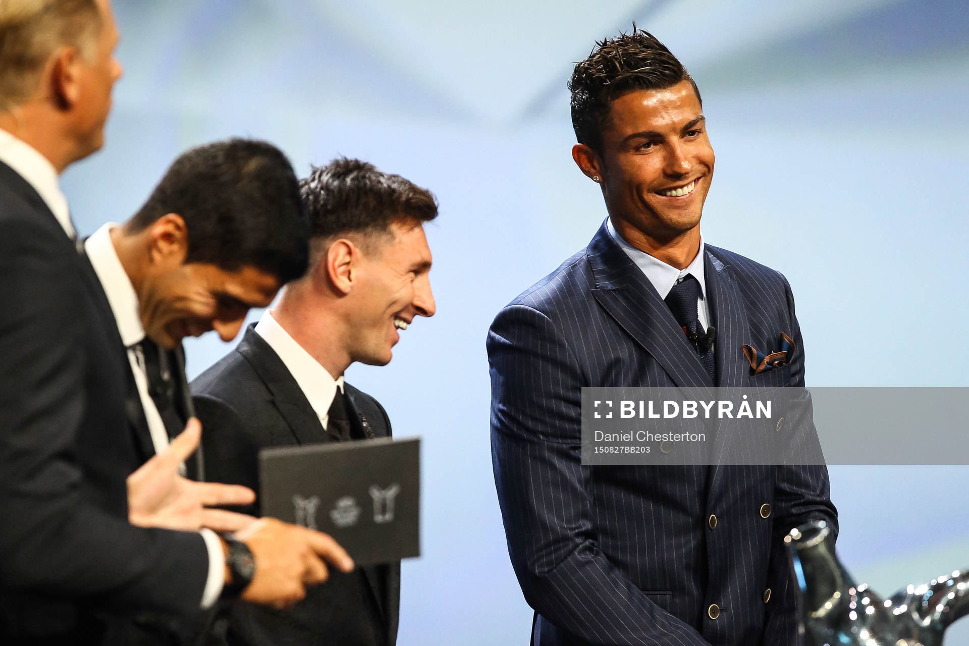 Luis Suárez, Barcelona, Lionel Messi, Barcelona och Cristiano Ronaldo, Real Madrid under lottningen av gruppspelet i Champions League den 27 augusti 2015 i Monaco.