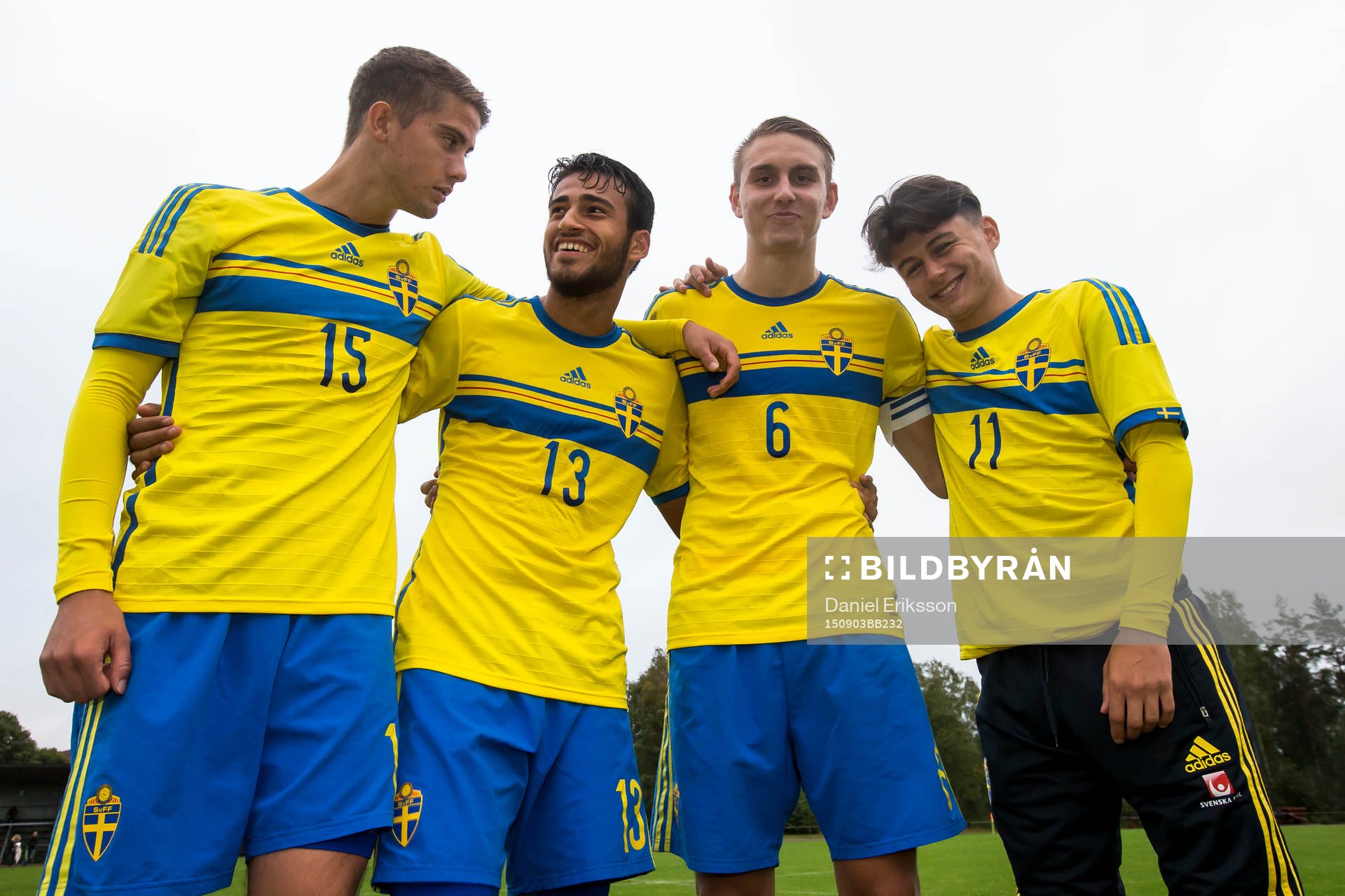 Ramon Pascal Lundqvist Christian Rubio Sivodedov Ali Suljic och Zia Sakirovski i P18-landskampen i fotboll mellan Sverige och Norge den 3 september i Hofors
