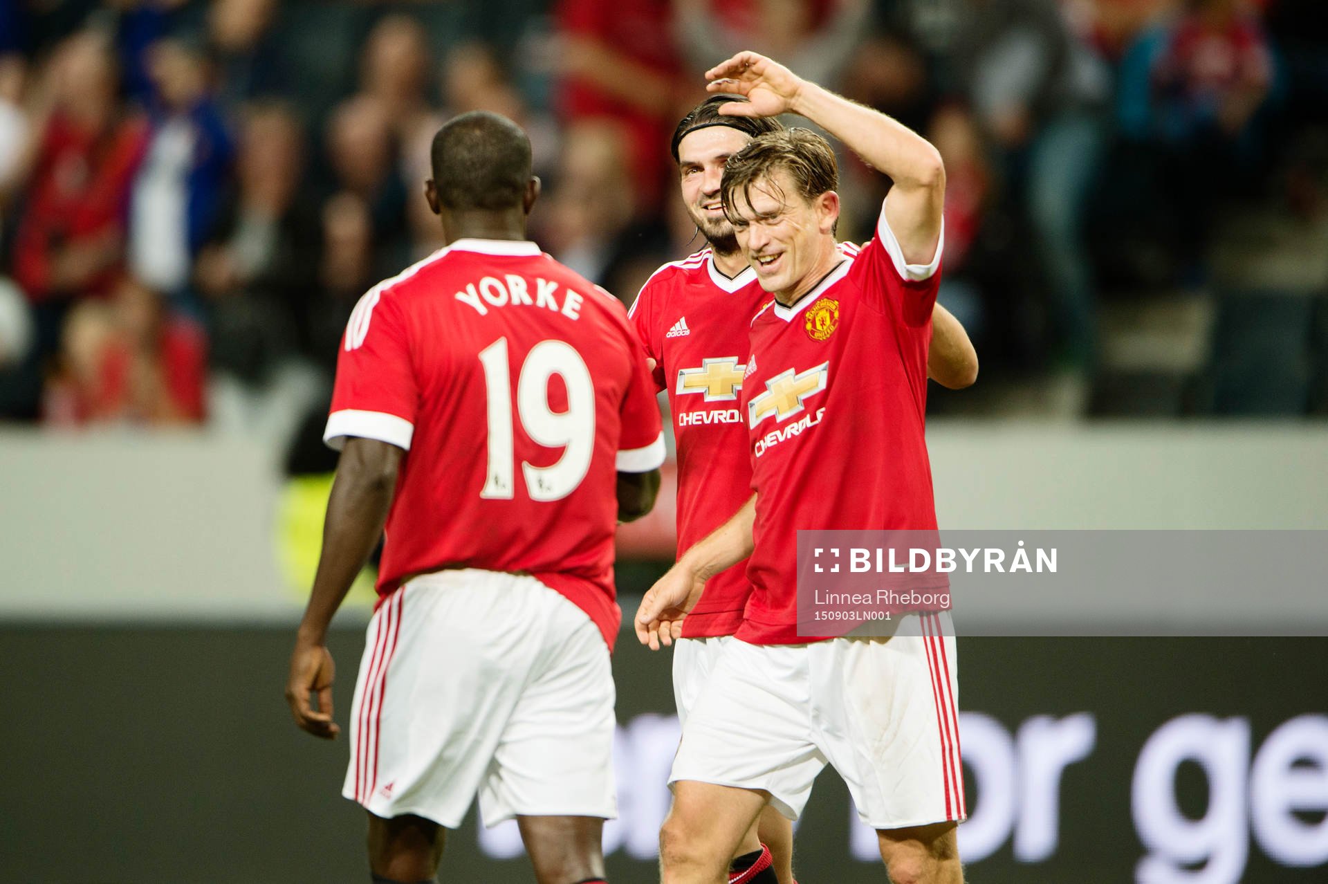 Manchester Uniteds Dwight Yorke, Bojan Djordjic och Jesper